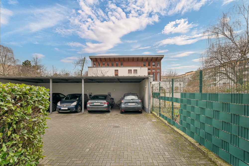 Überdachter Parkplatz mit drei Autos, begrenzt von Zaun und Hecke.