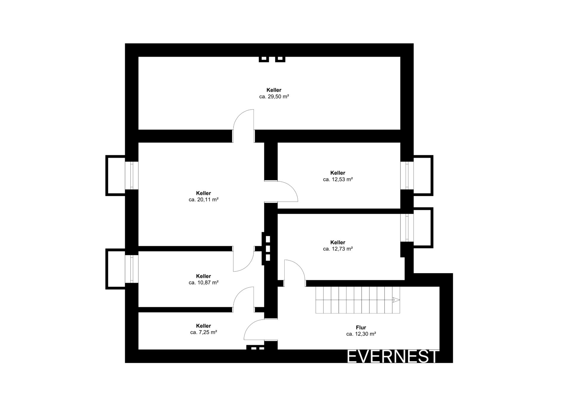 Grundriss eines Kellers mit sechs Räumen und einem Flur, Flächenangaben in Quadratmetern.