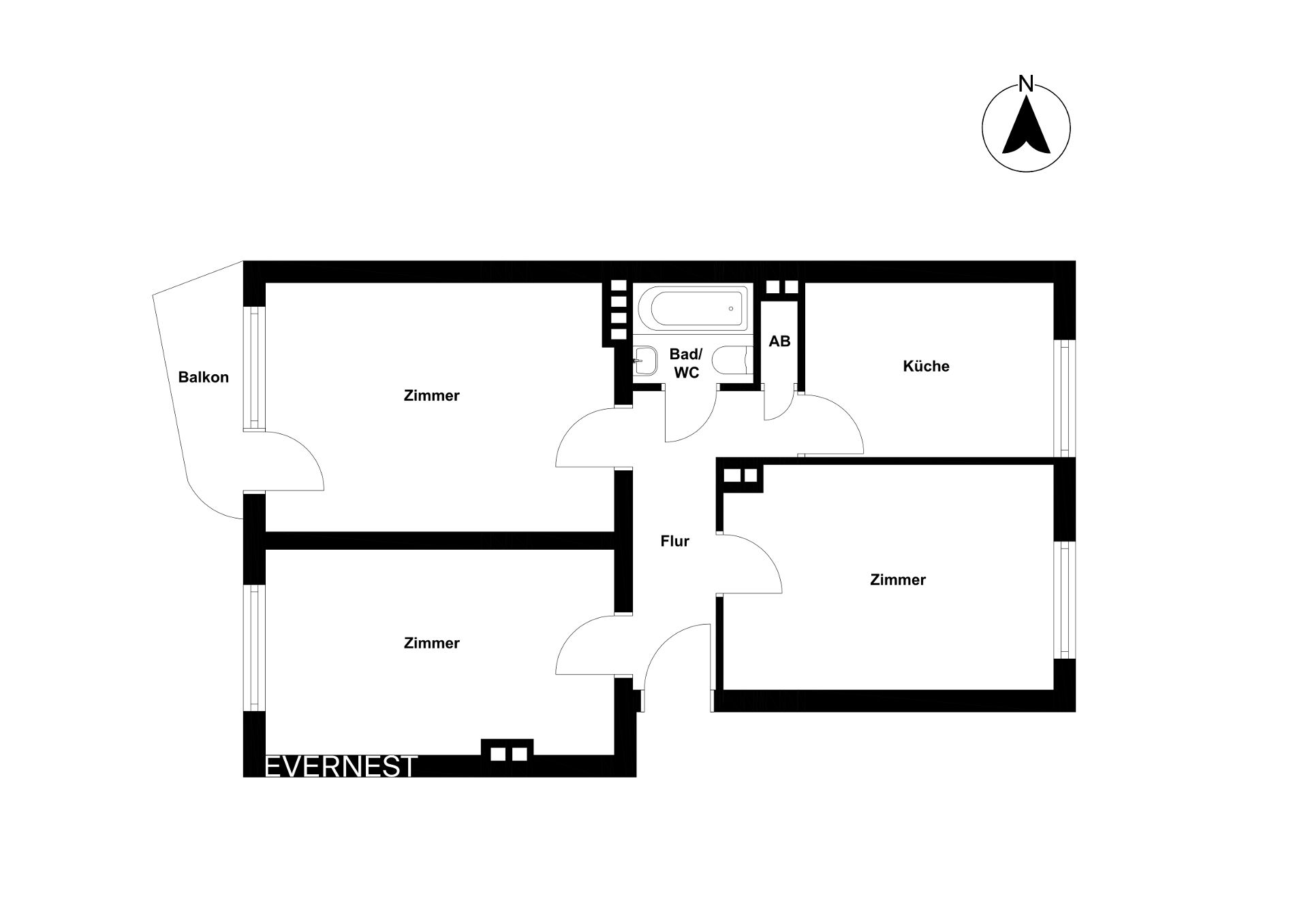Grundriss einer Wohnung mit drei Zimmern, Küche, Bad, Flur und Balkon.