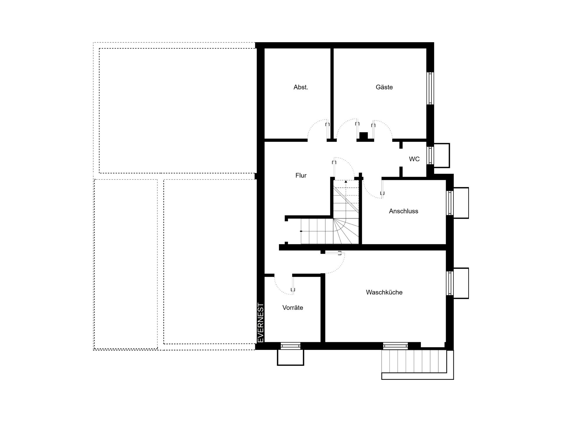 Grundriss mit Räumen für Vorräte, Waschküche, Gästezimmer, WC, Anschluss und Abstellraum.