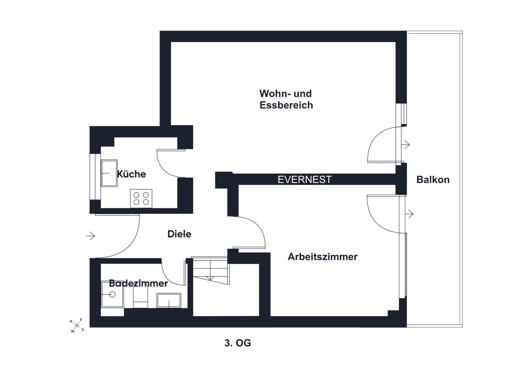 Grundriss einer Wohnung mit Wohn- und Essbereich, Küche, Arbeitszimmer, Bad und Balkon.