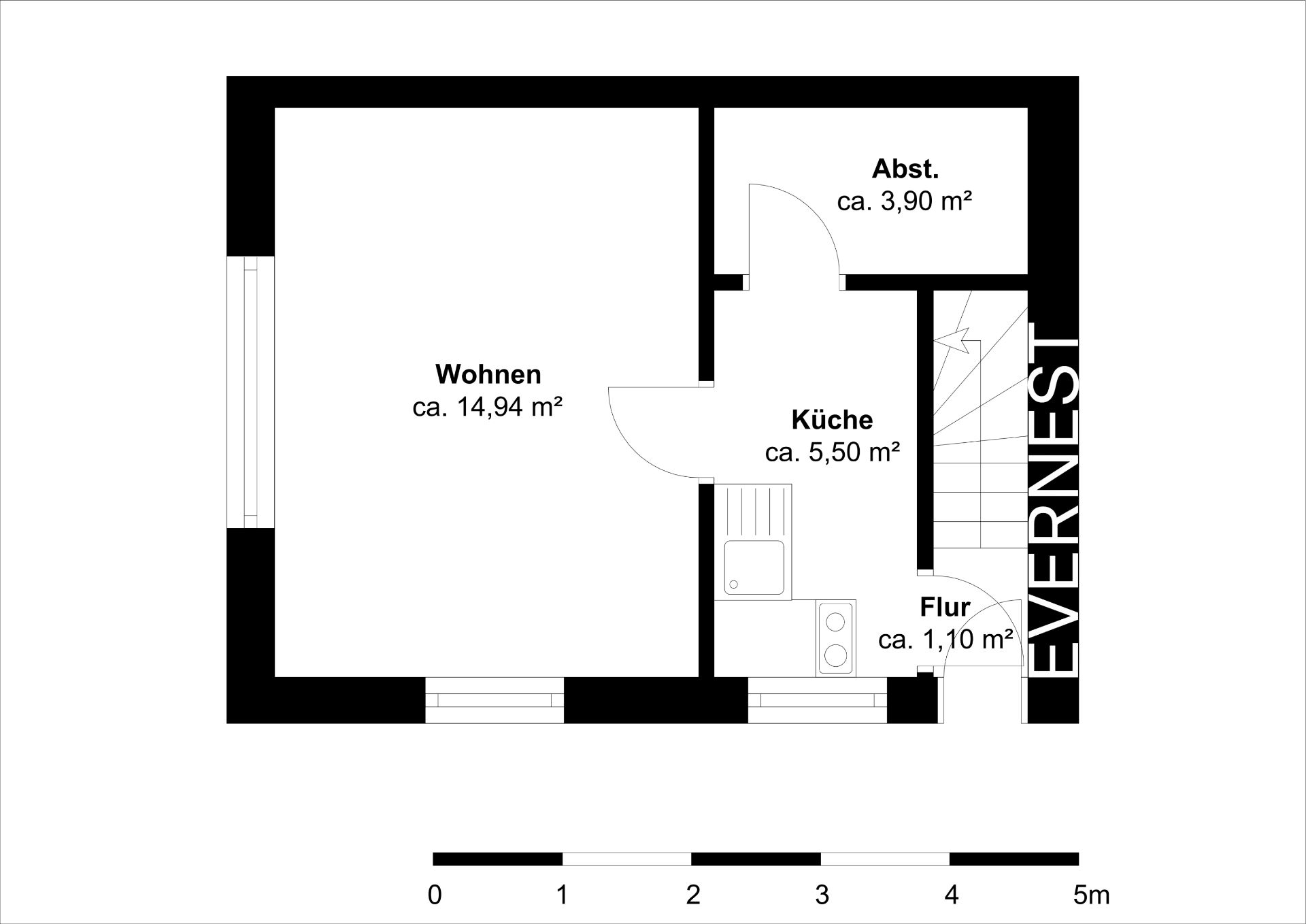 Grundriss einer Wohnung mit Wohnen, Küche, Abstellraum und Flur.