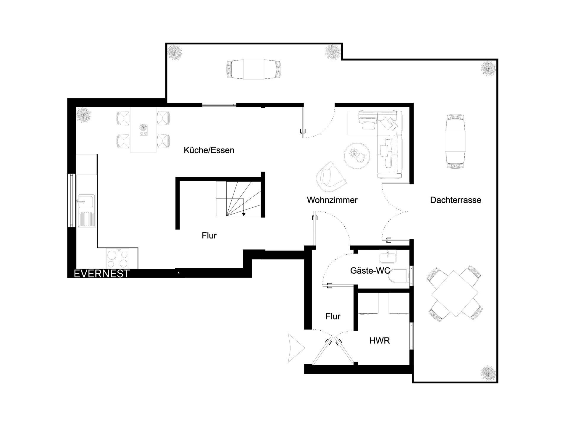 Grundriss zeigt Küche, Essen, Wohnzimmer, Gäste-WC, Hauswirtschaftsraum und Dachterrasse.
