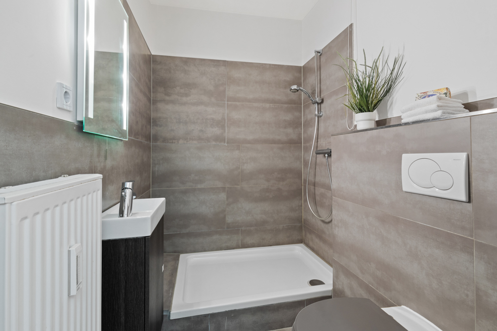 Modernes Bad mit Dusche, Waschbecken, Toilette und Wandspiegel, daneben steht eine Pflanze.