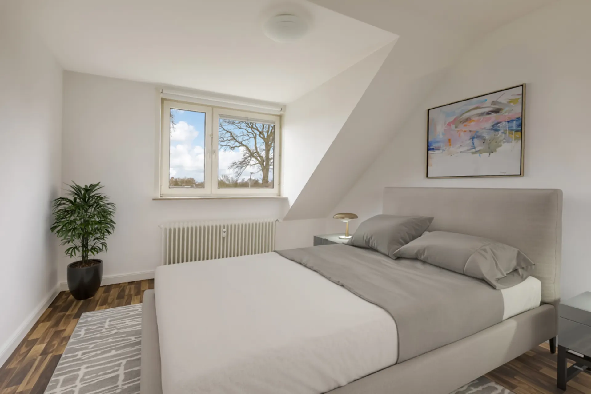Modernes Schlafzimmer mit Doppelbett, großem Fenster, Pflanze und abstraktem Bild an der Wand.
