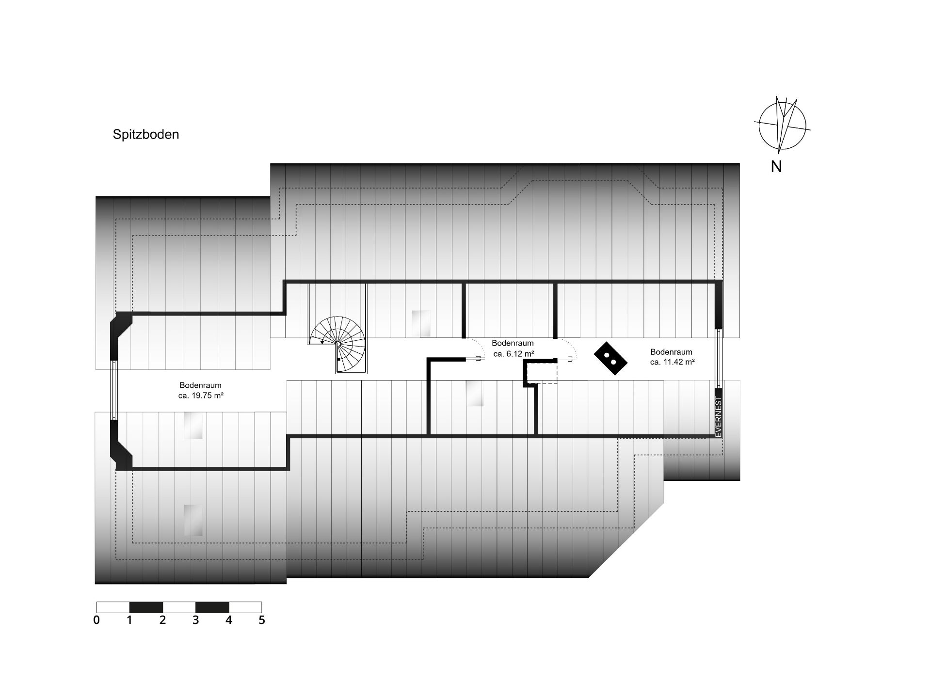Grundriss eines Spitzbodens mit drei Bodenräumen, Treppe und Maßangaben.