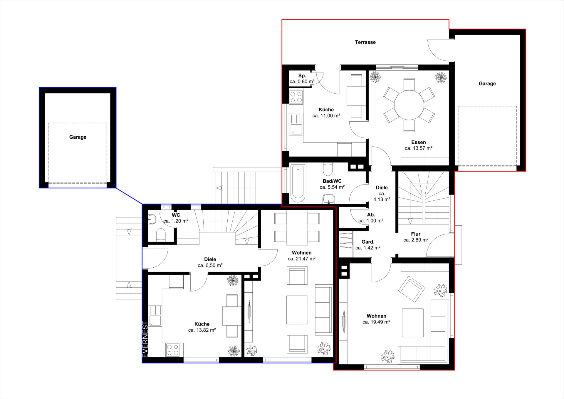 Grundriss eines Wohnhauses mit mehreren Zimmern, zwei Garagen, Küche, Esszimmer und Terrasse.
