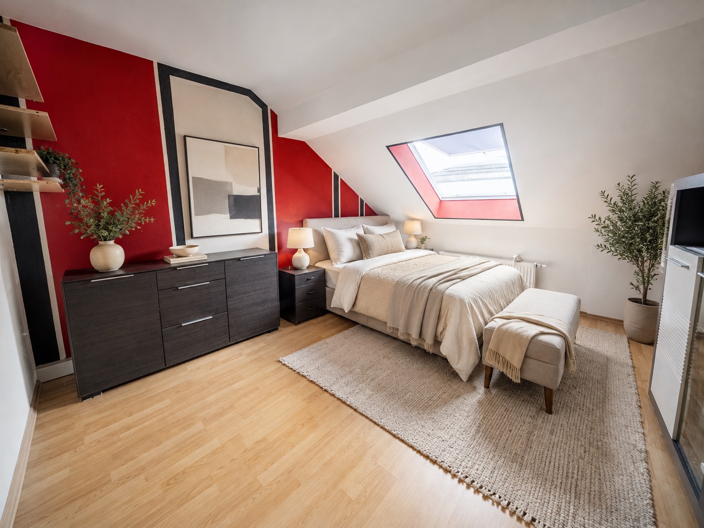 Modernes Schlafzimmer mit Dachschräge, Dachfenster, Doppelbett und roten Wänden.