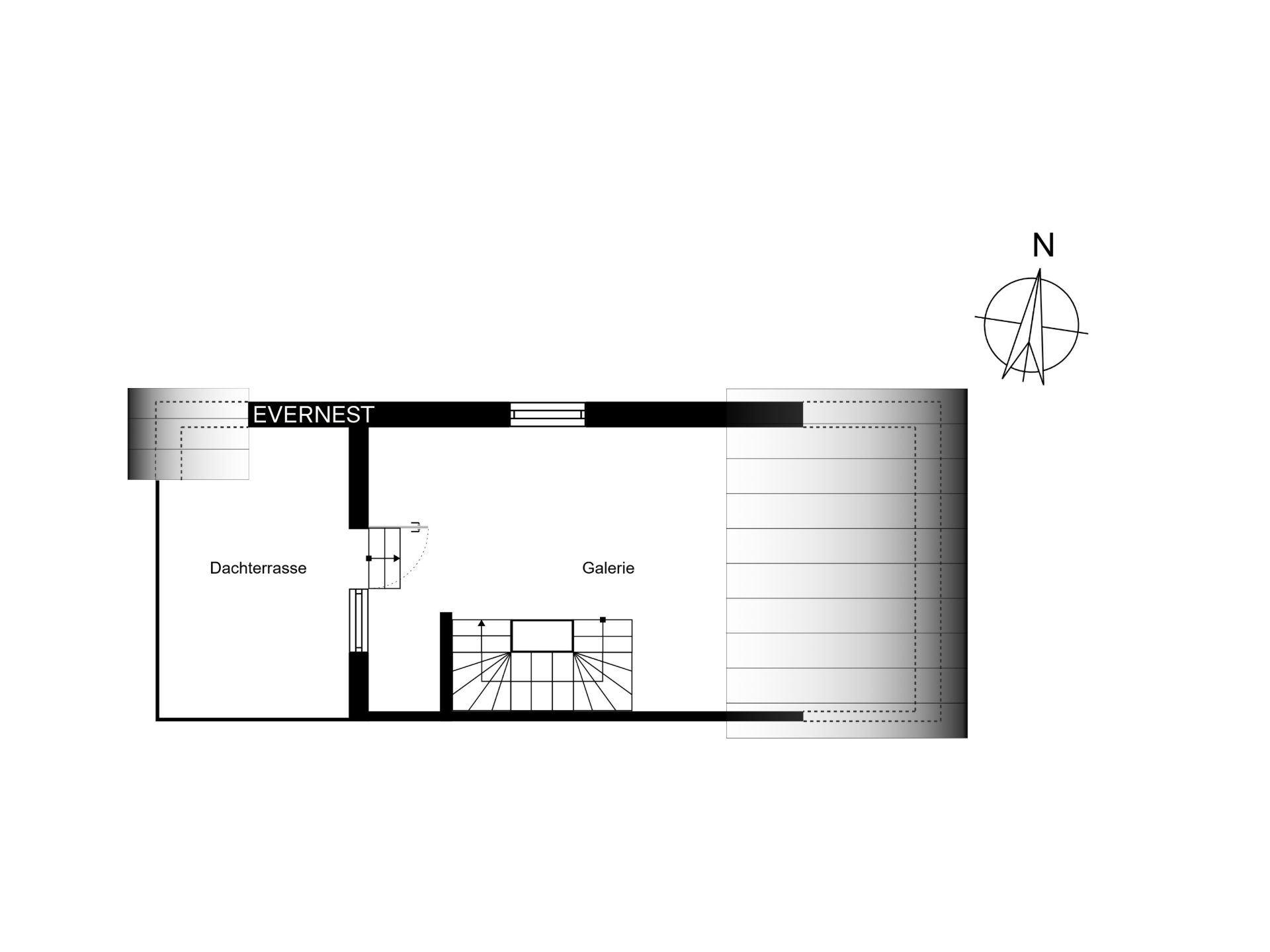 Grundriss mit Dachterrasse, Galerie und Treppe, Nordausrichtung ist markiert.