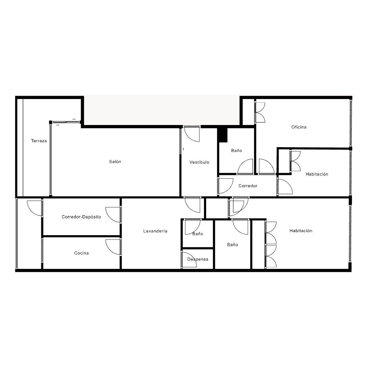 Grundriss einer Wohnung mit Terrasse, Wohnzimmer, Küche, Bädern, Schlafzimmern und Büro.