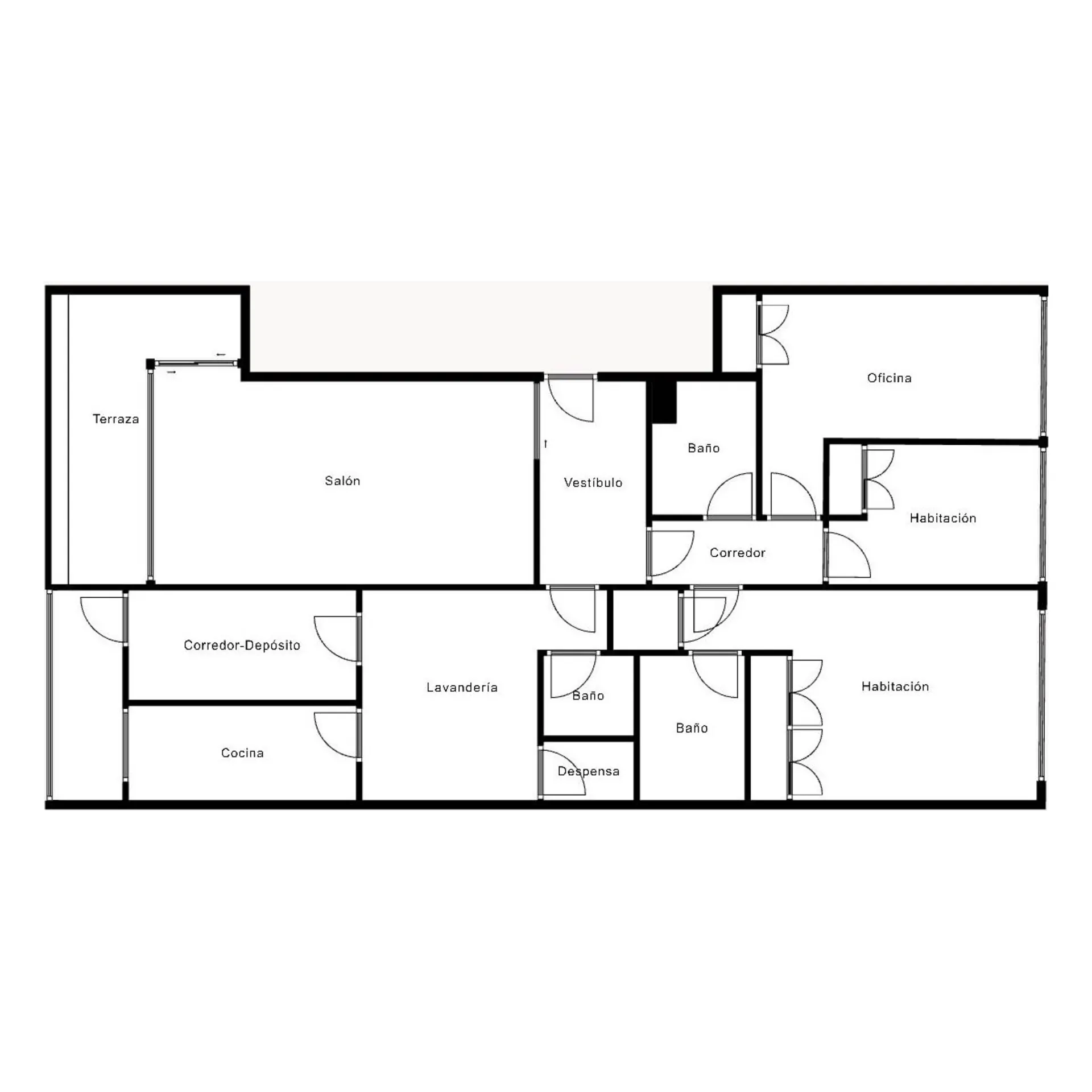 Grundriss einer Wohnung mit Terrasse, Wohnzimmer, Küche, Bädern, Schlafzimmern und Büro.