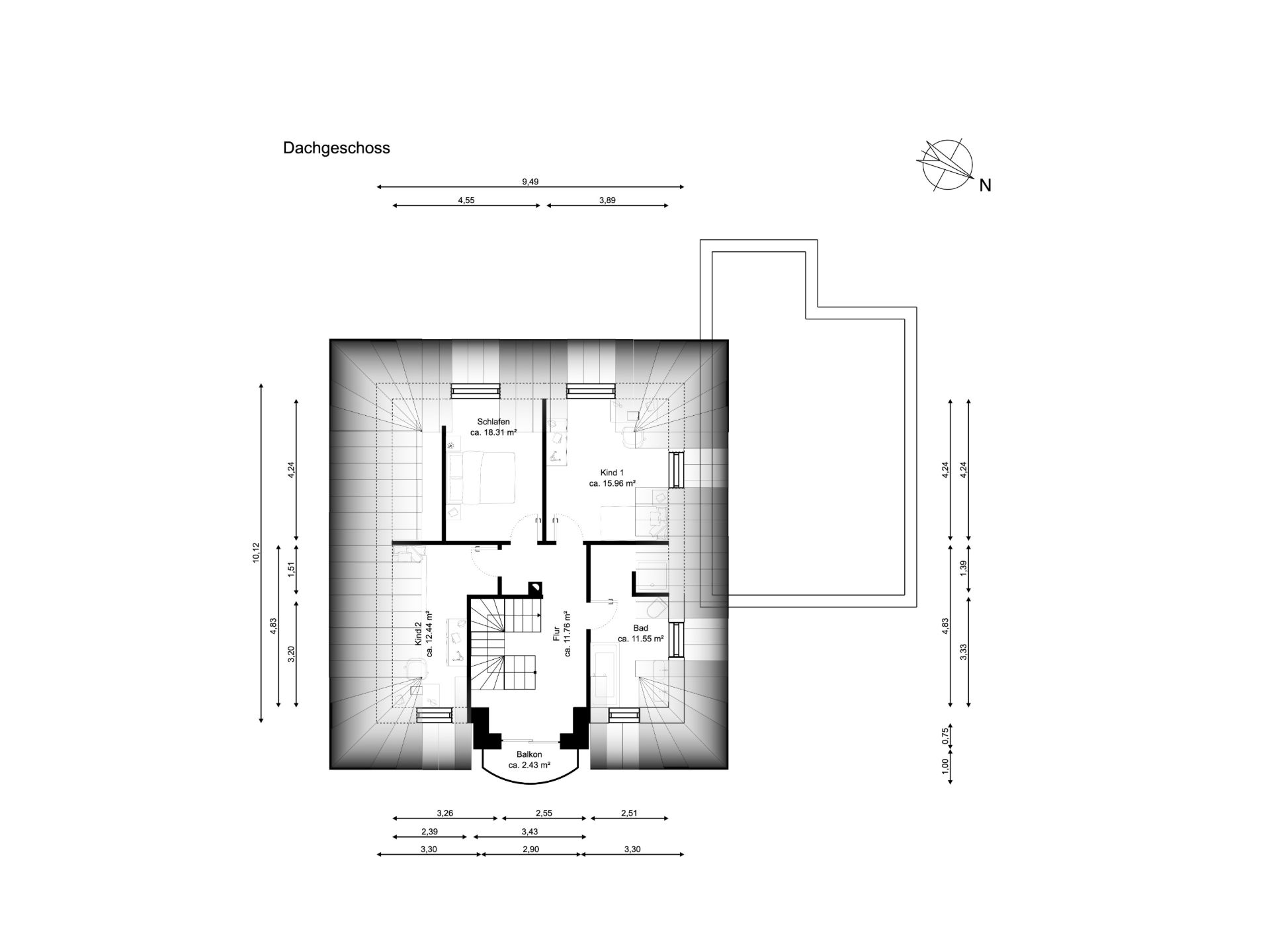Grundriss des Dachgeschosses mit Schlafzimmer, Bad und zwei weiteren Zimmern.