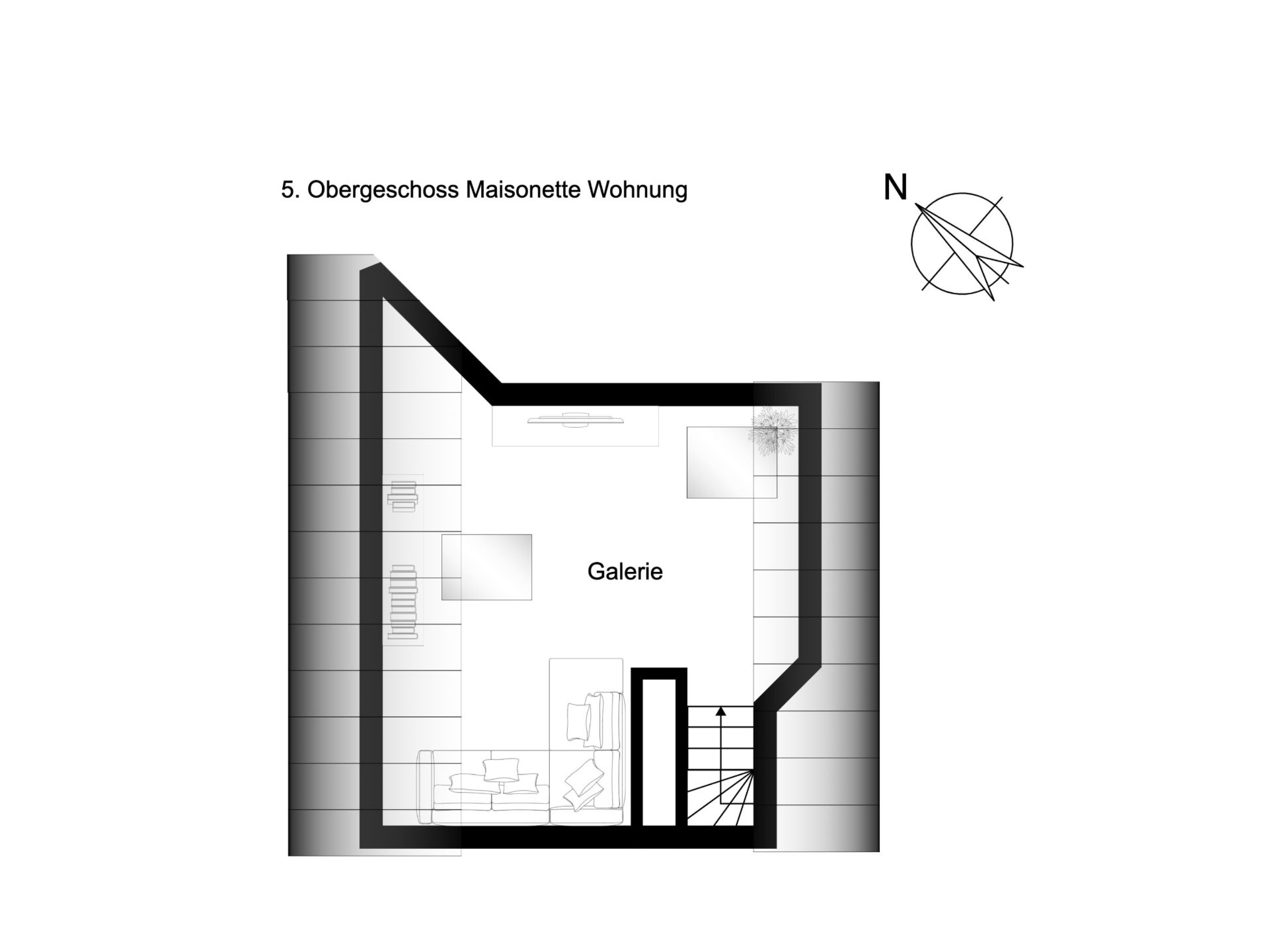 Grundriss eines Obergeschosses mit Galerie und Treppe.