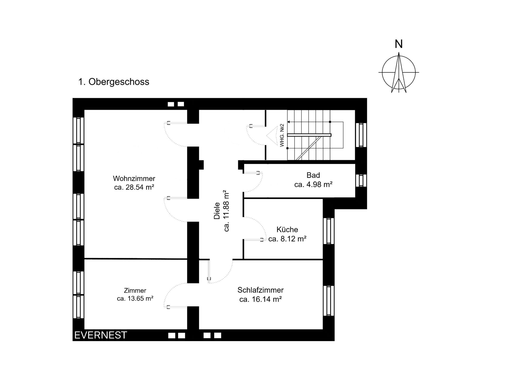 Grundriss der ersten Etage mit Wohnzimmer, Schlafzimmer, Zimmer, Küche, Bad und Diele.