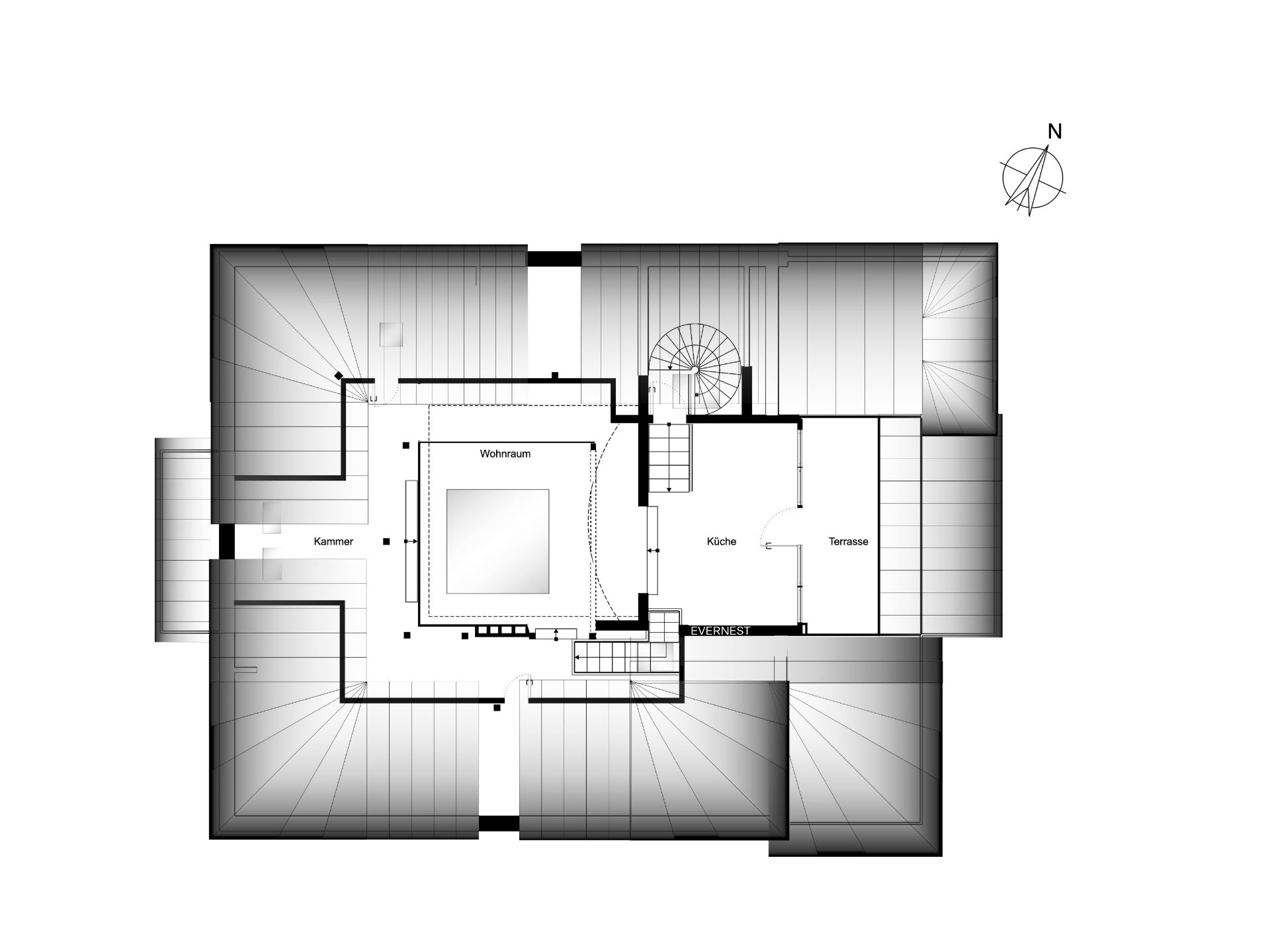 Grundriss eines Wohnhauses mit Wohnraum, Küche, Kammer und Terrasse.