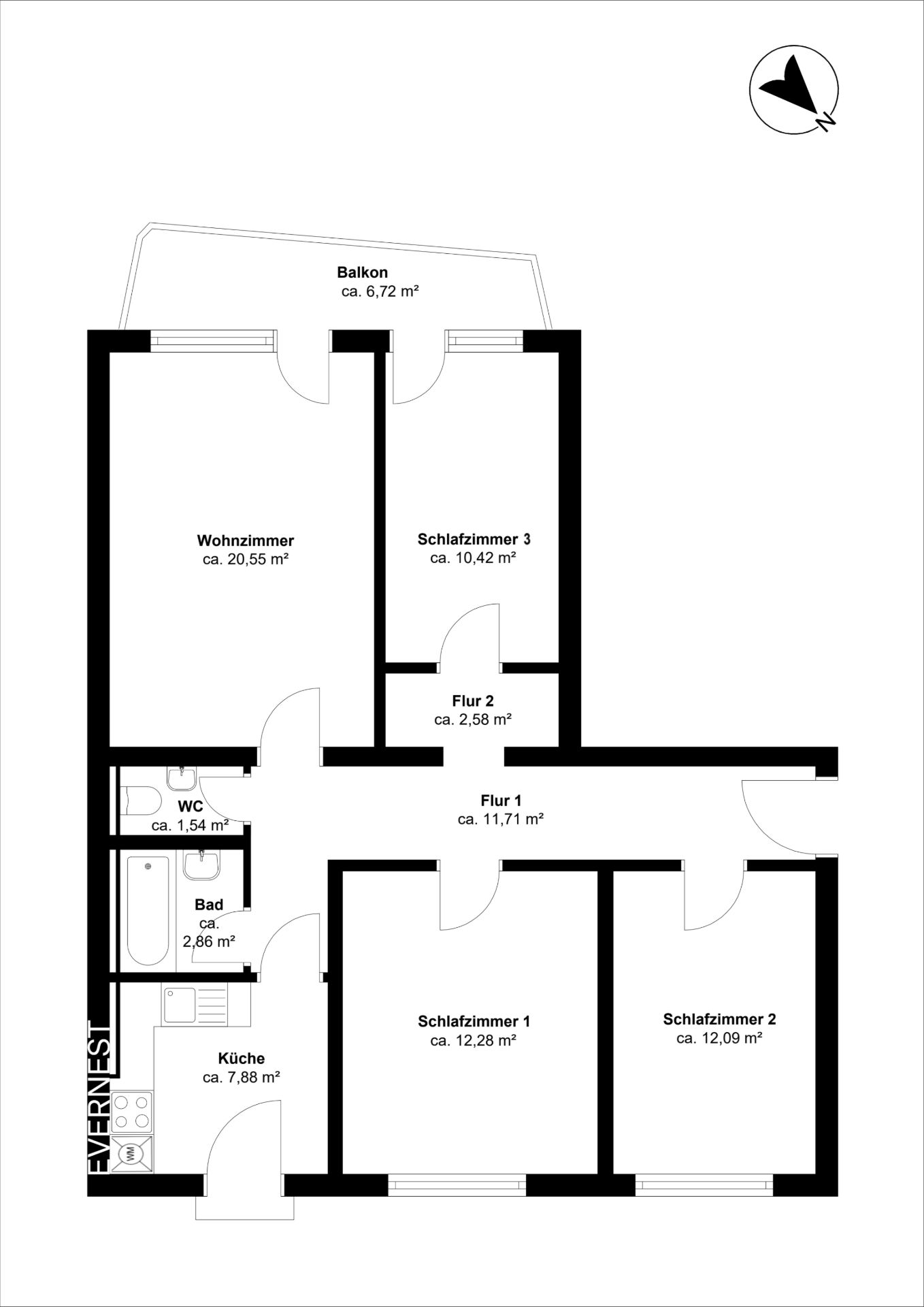 Grundriss einer Wohnung mit Wohnzimmer, drei Schlafzimmern, Küche, Bad, WC und Balkon.
