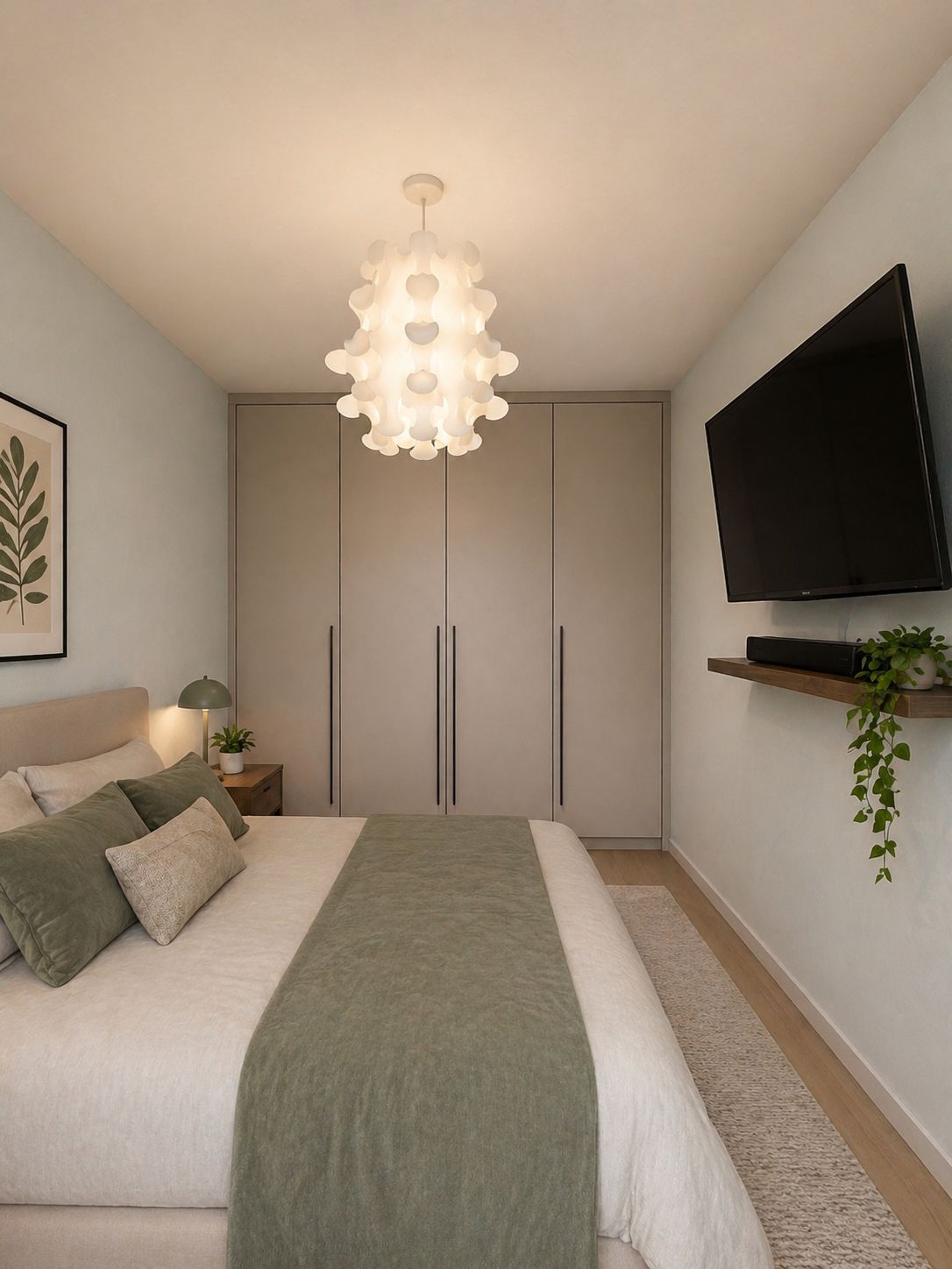 Modernes Schlafzimmer mit Doppelbett, großem Schrank, Hängelampe und Wandfernseher.