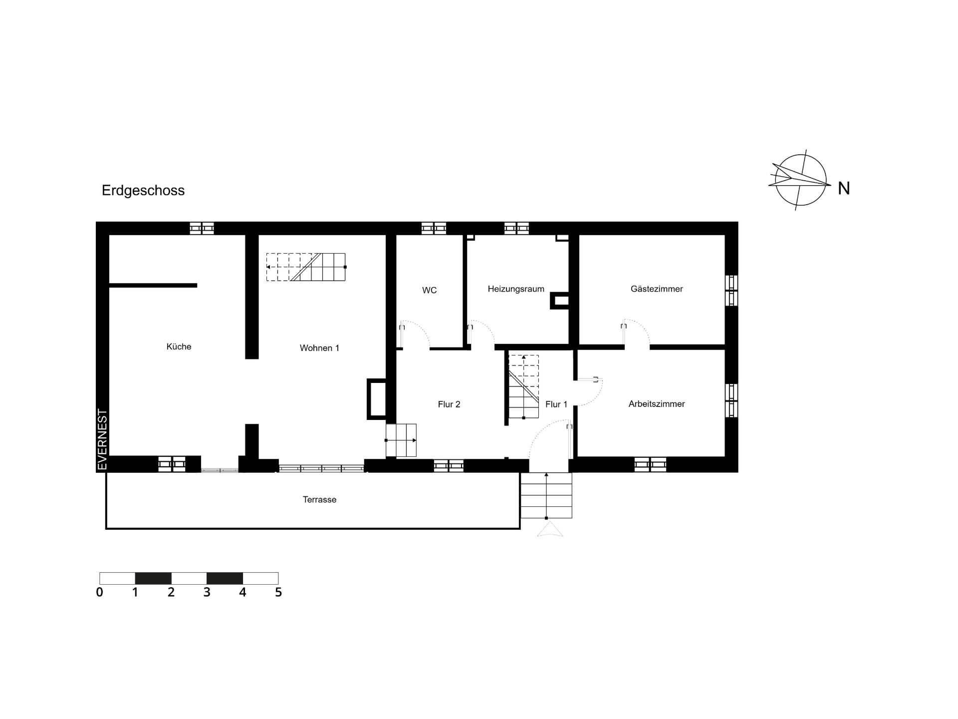 Grundriss des Erdgeschosses mit Küche, Wohnzimmer, WC, Heizungsraum, Gästezimmer und Arbeitszimmer.