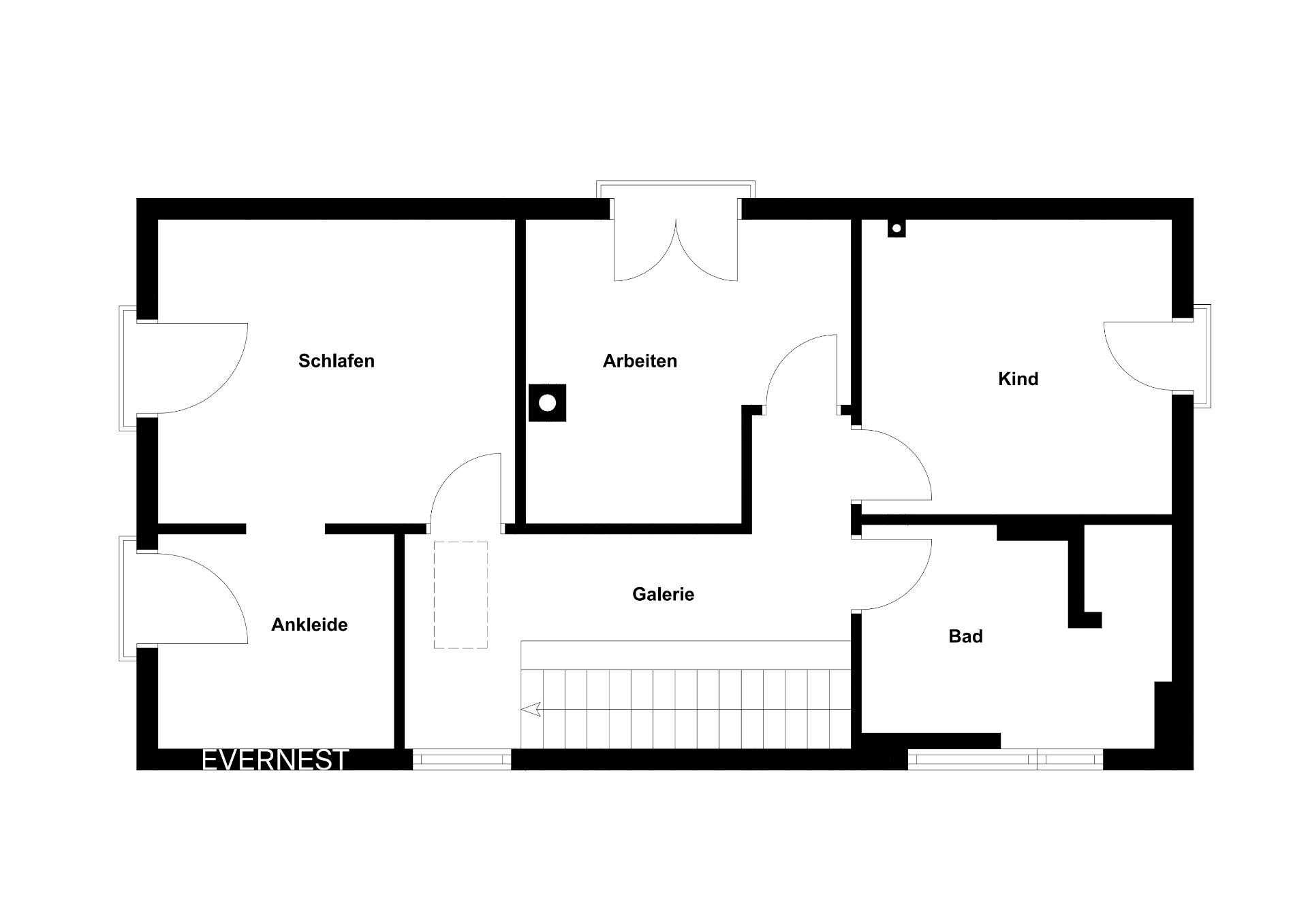 Grundriss mit Schlafzimmer, Ankleide, Arbeitszimmer, Kinderzimmer, Galerie und Bad.