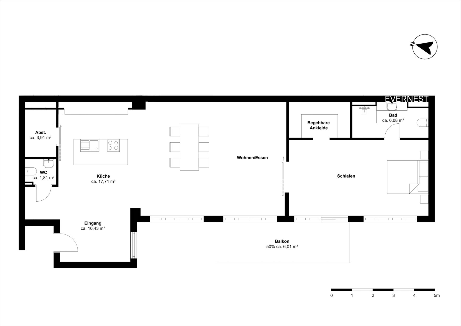 Grundriss einer Wohnung mit Küche, Wohn-/Essbereich, Schlafzimmer, Bad, WC, Abstellraum und Balkon.