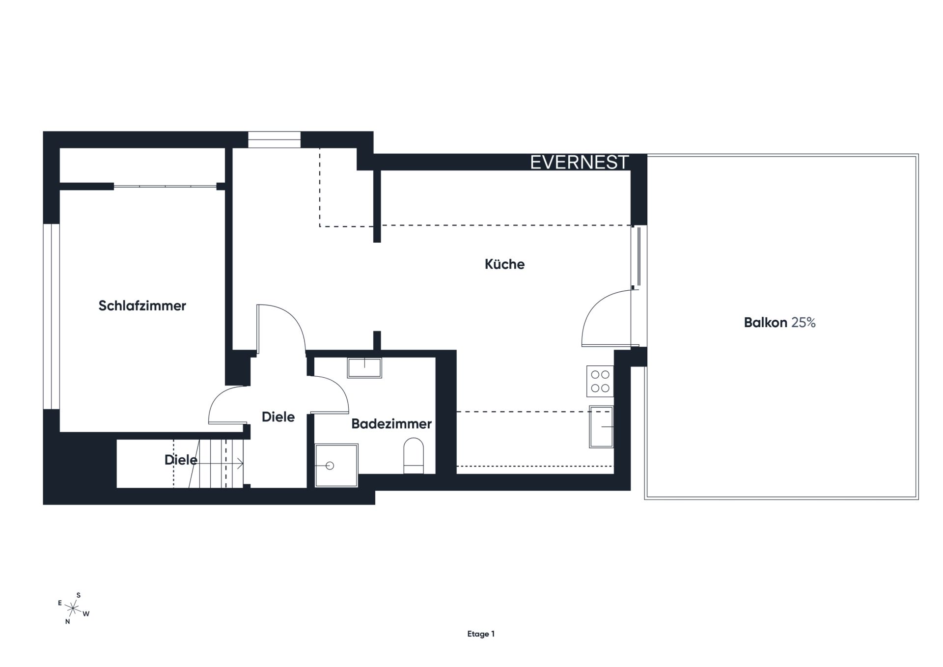 Grundriss einer Wohnung mit Schlafzimmer, Küche, Badezimmer, Diele und großem Balkon.