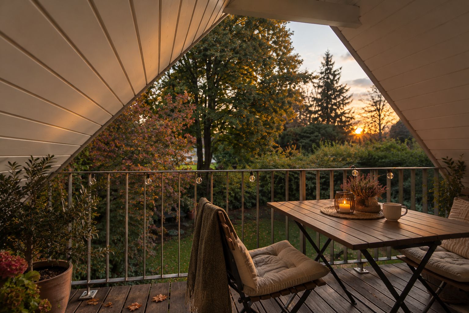 Gemütlicher Balkon mit Holztisch, Stühlen und Pflanzen, Blick auf Garten bei Sonnenuntergang.