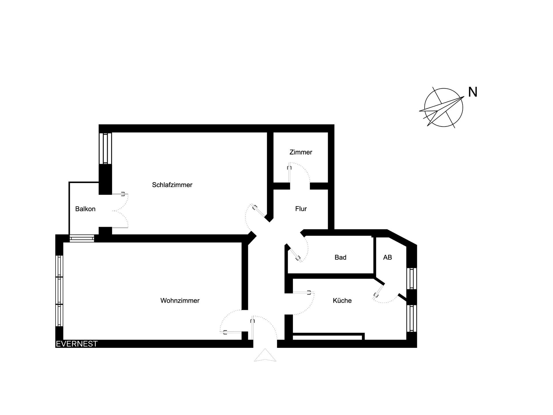 Wohnungsgrundriss mit Schlafzimmer, Wohnzimmer, Küche, Bad, Flur, Zimmer und Balkon.