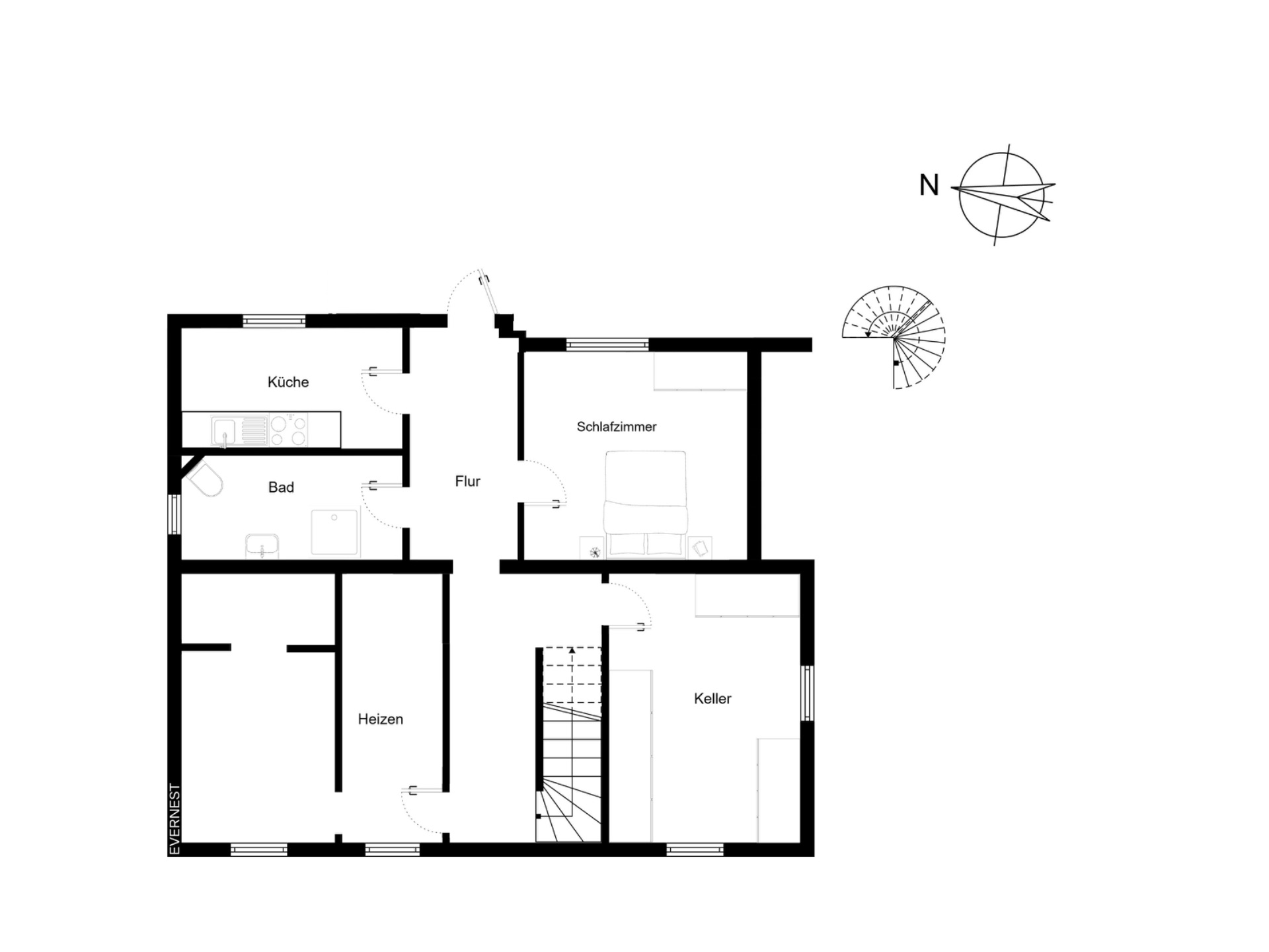 Grundriss mit Küche, Bad, Schlafzimmer, Heizen, Keller und Flur.
