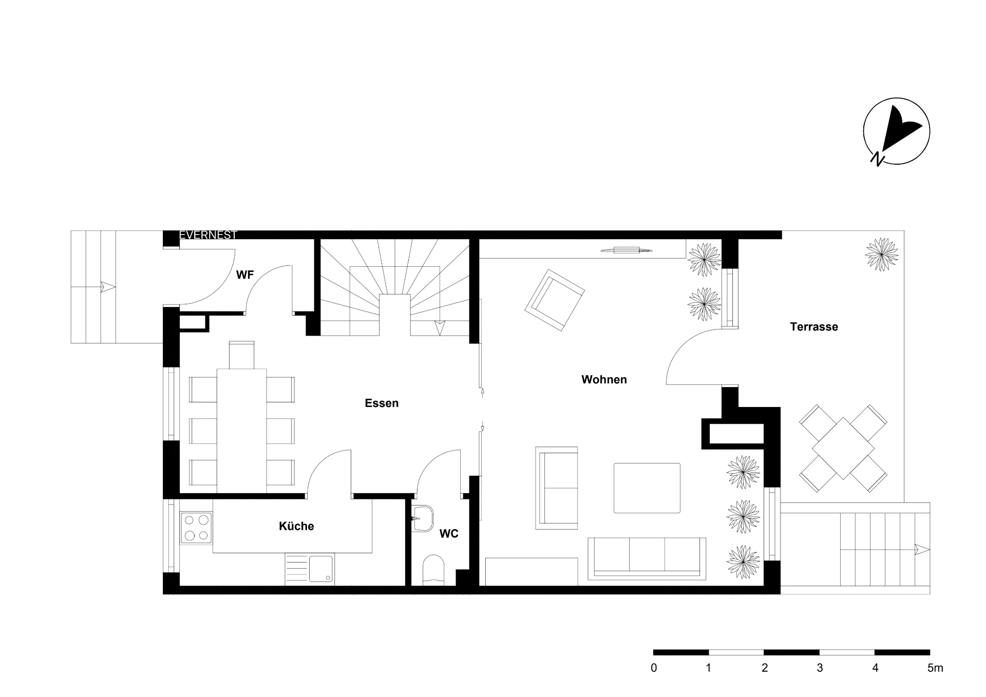 Grundriss mit Küche, Essbereich, Wohnzimmer, WC, Wirtschaftsraum und Terrasse.