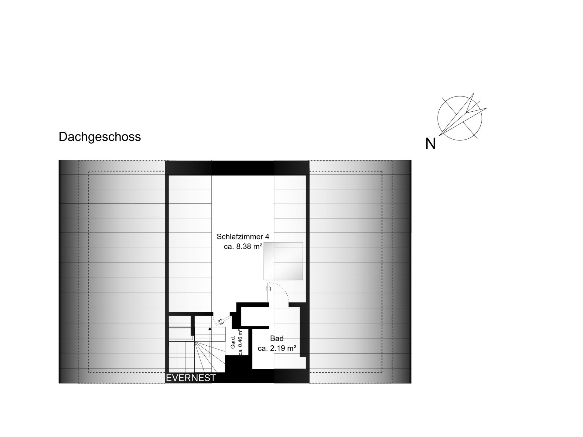 Grundriss eines Dachgeschosses mit Schlafzimmer und Bad, Treppe unten links.