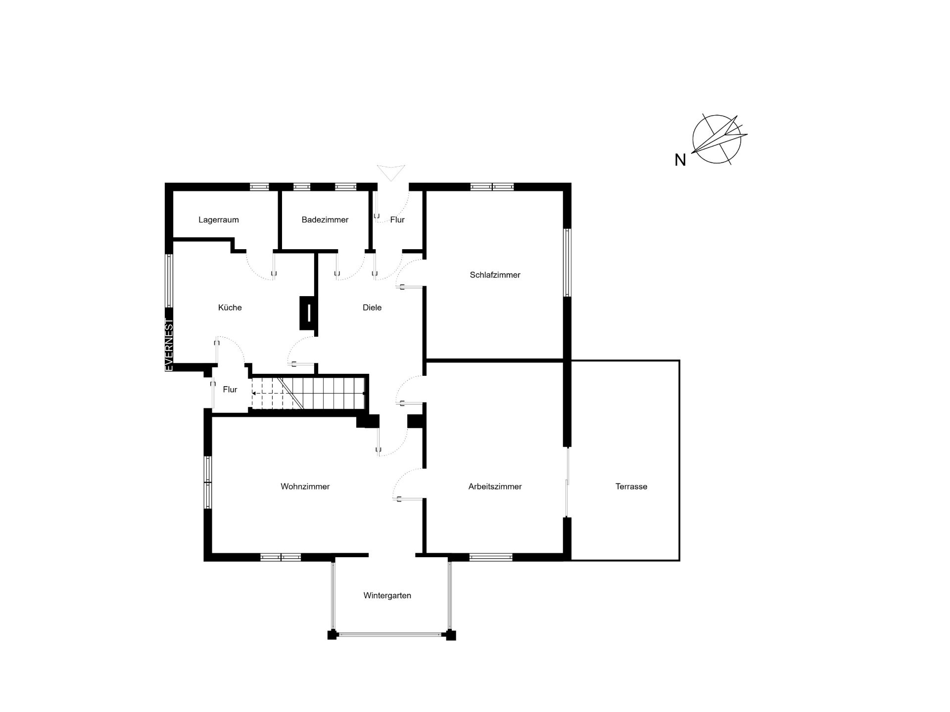 Grundriss mit Wohnzimmer, Schlafzimmer, Badezimmer, Küche, Arbeitszimmer, Wintergarten und Terrasse.