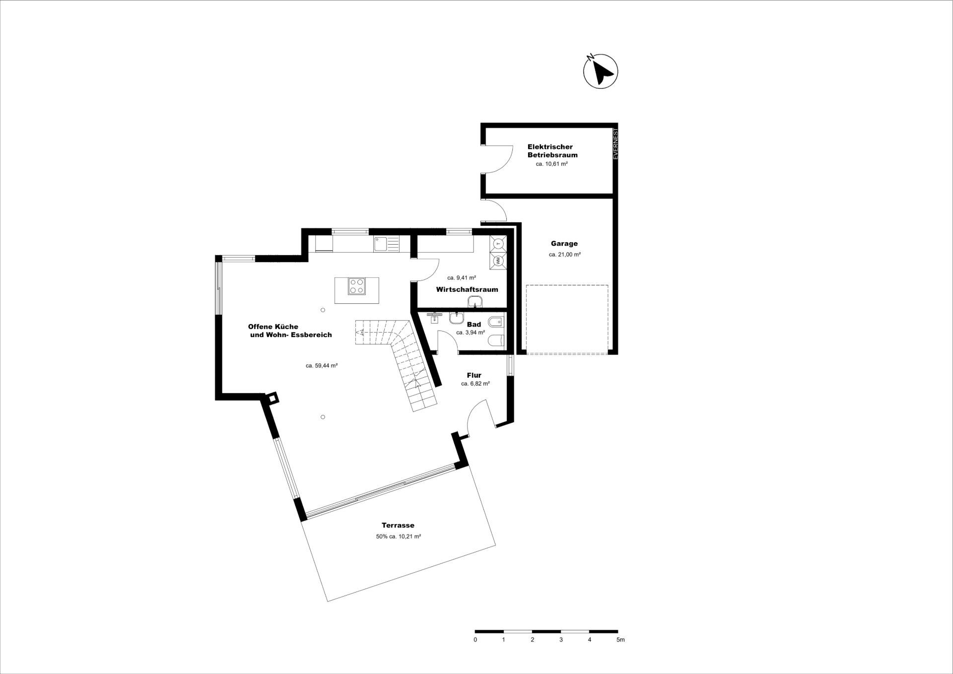 Grundriss mit offener Küche, Wohn-Essbereich, Bad, Flur, Hauswirtschaftsraum, Garage und Terrasse.