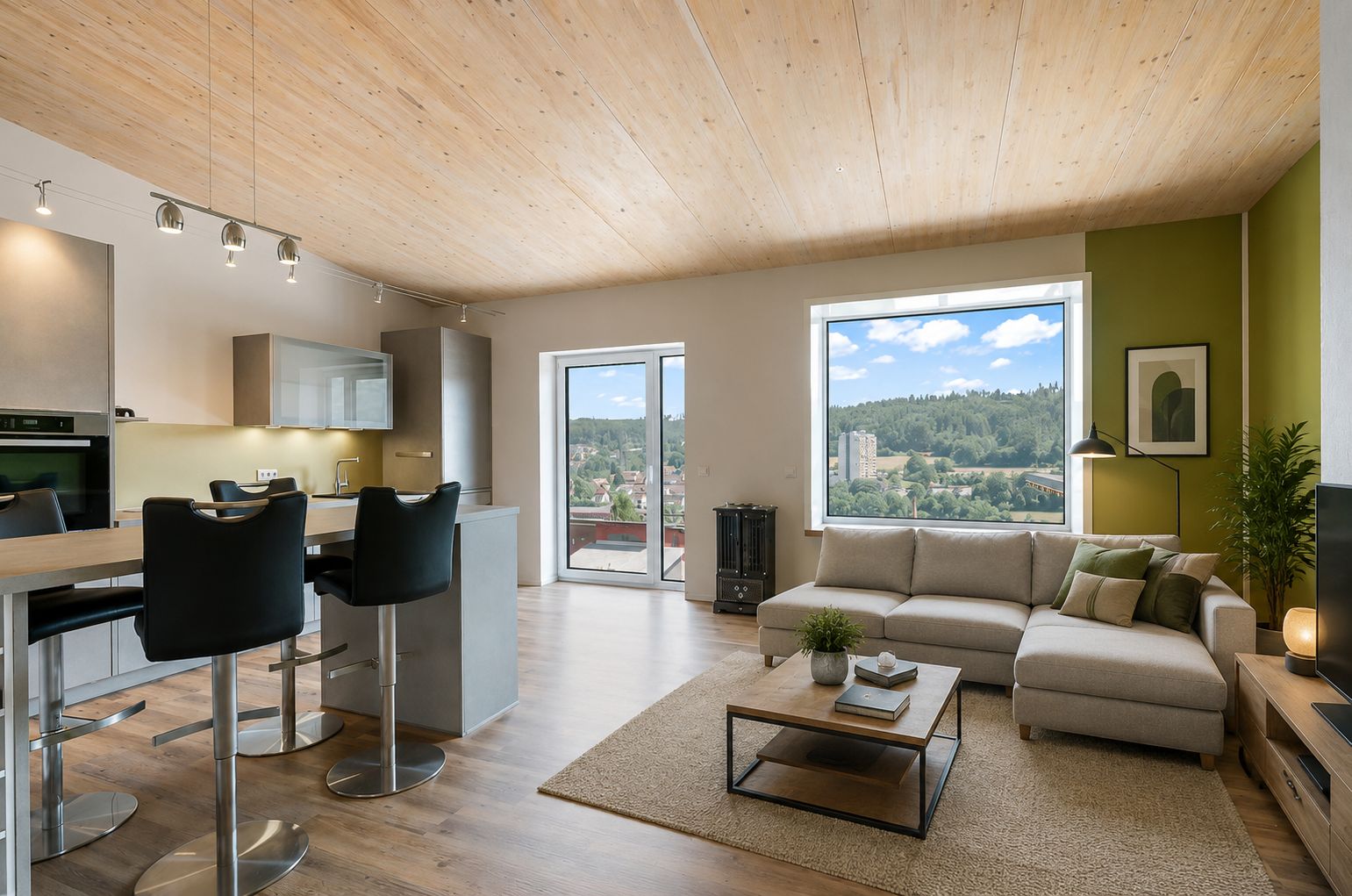 Modernes Wohnzimmer mit Ecksofa, Couchtisch und großer Fensterfront mit Ausblick.