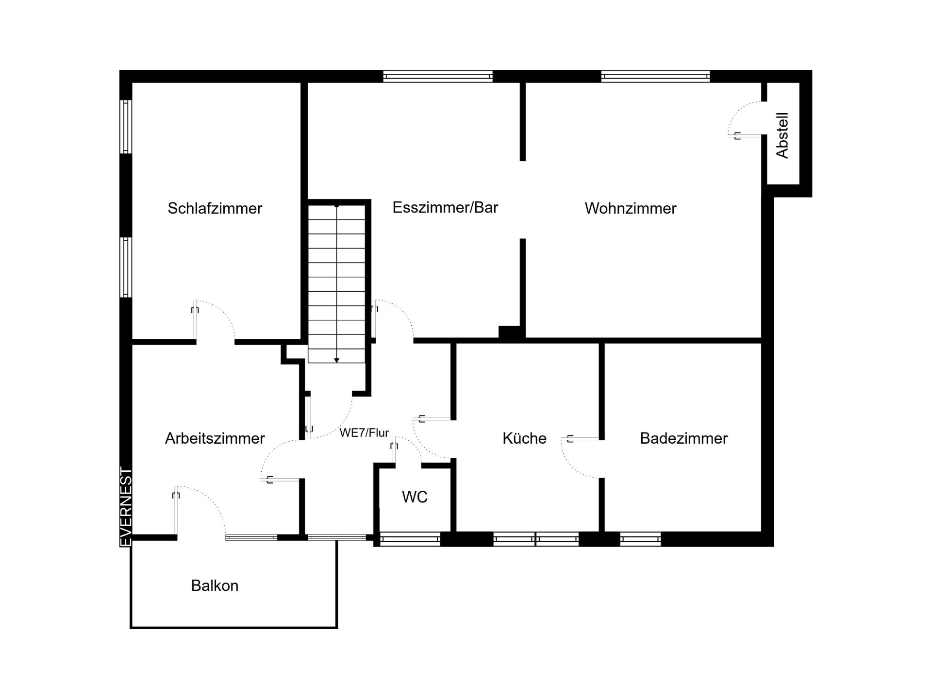 Grundriss einer Wohnung mit Schlafzimmer, Wohnzimmer, Küche, Badezimmer, Balkon und weiteren Zimmern.