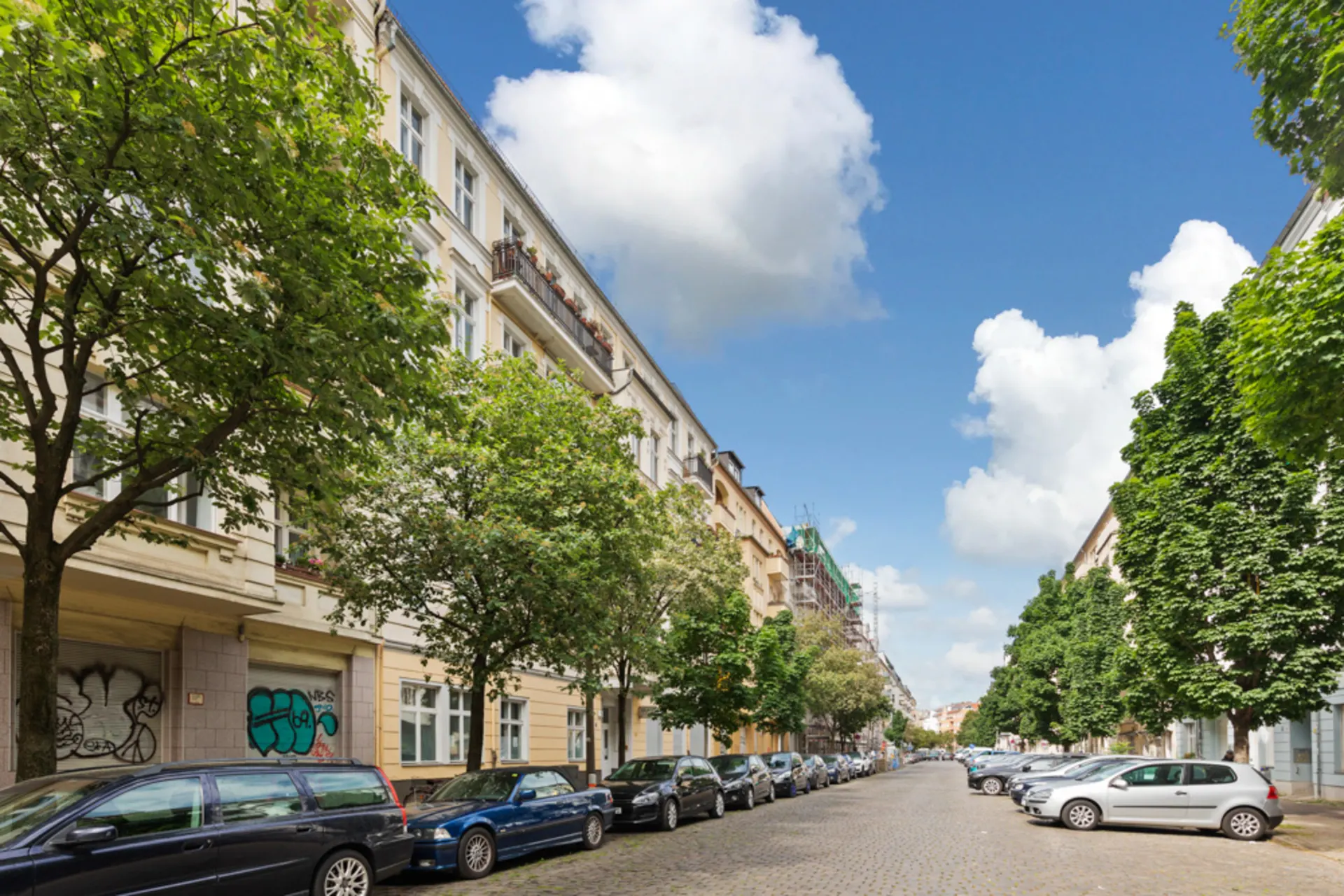 Baumgesäumte Wohnstraße mit parkenden Autos und mehrstöckigen Häusern an einem sonnigen Tag.