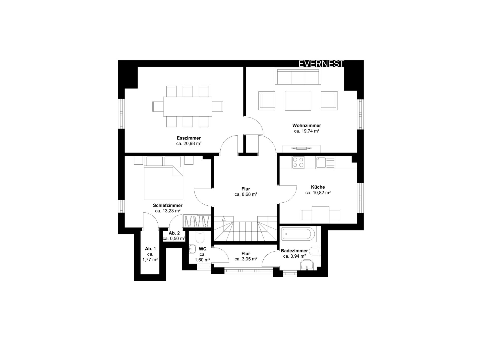 Grundriss mit Schlafzimmer, Esszimmer, Wohnzimmer, Küche, Bad, WC und Flur.