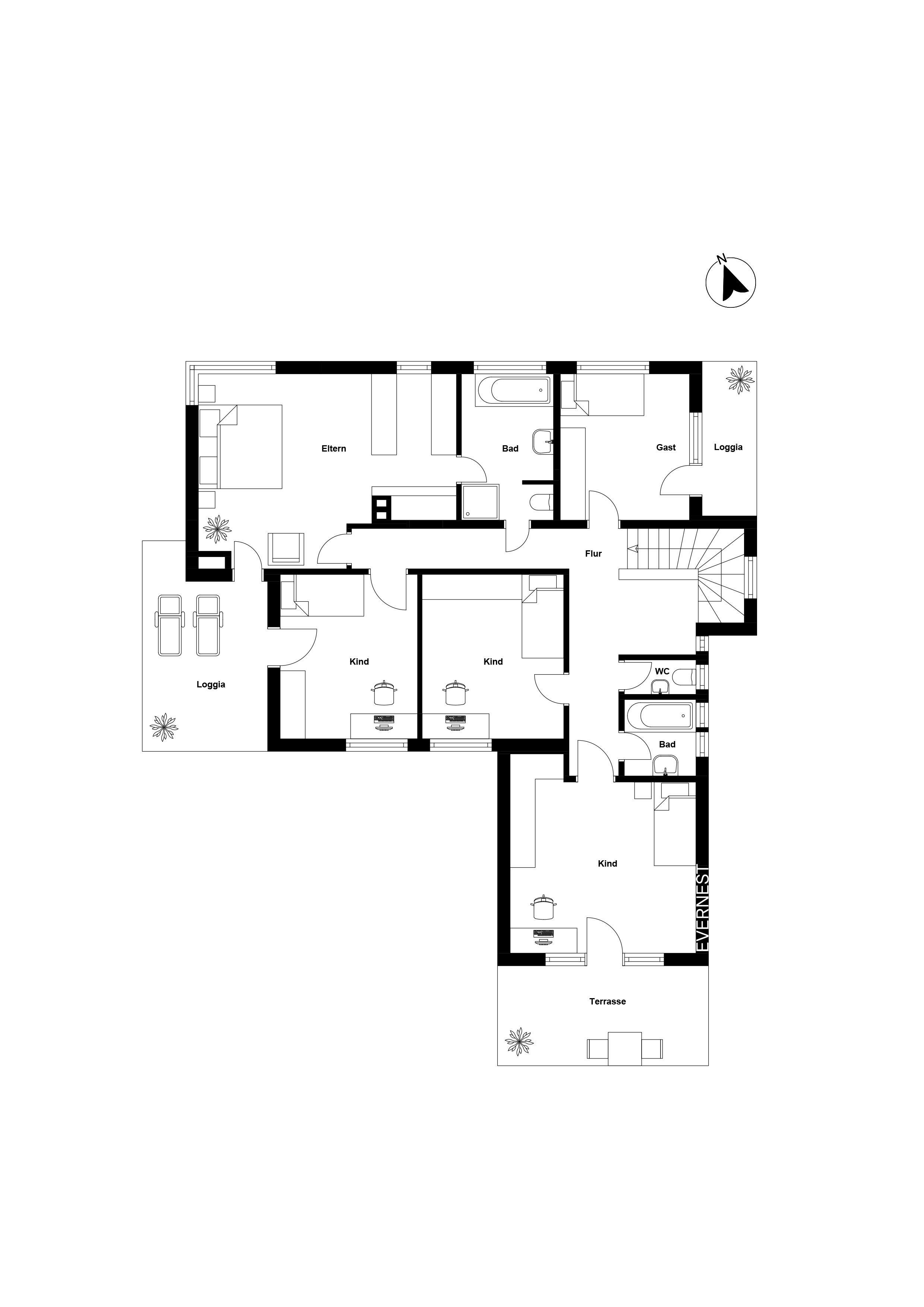 Grundriss einer Wohnung mit mehreren Schlafzimmern, Bädern, Flur, Loggia und Terrasse.