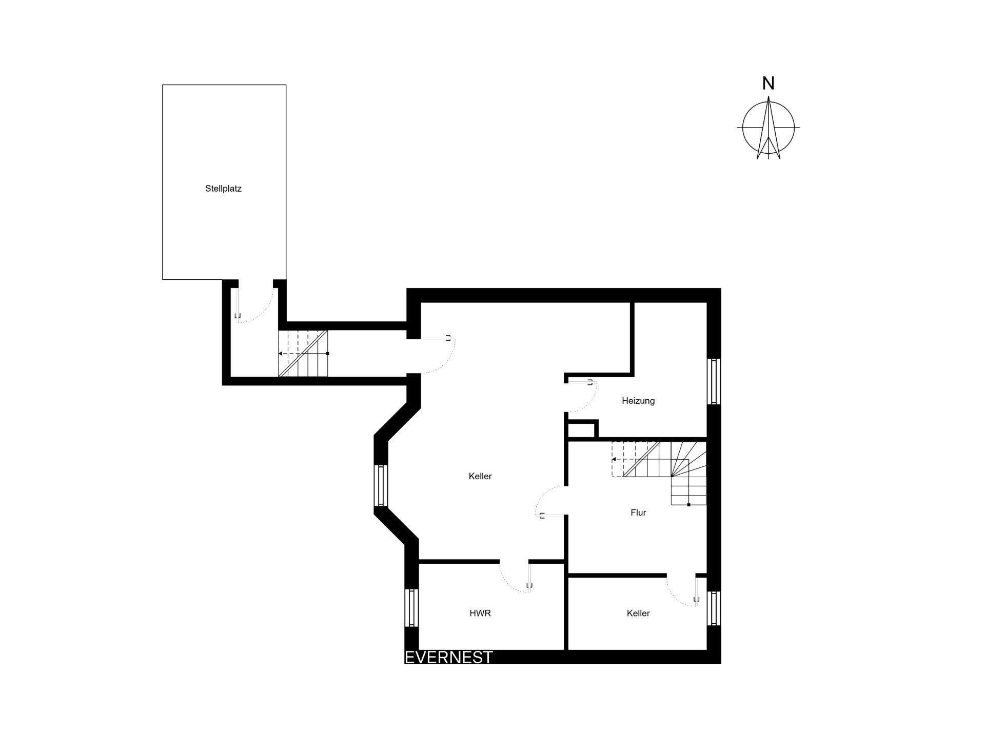 Grundriss des Kellers mit mehreren Räumen, Flur und einem Stellplatz außerhalb des Gebäudes.