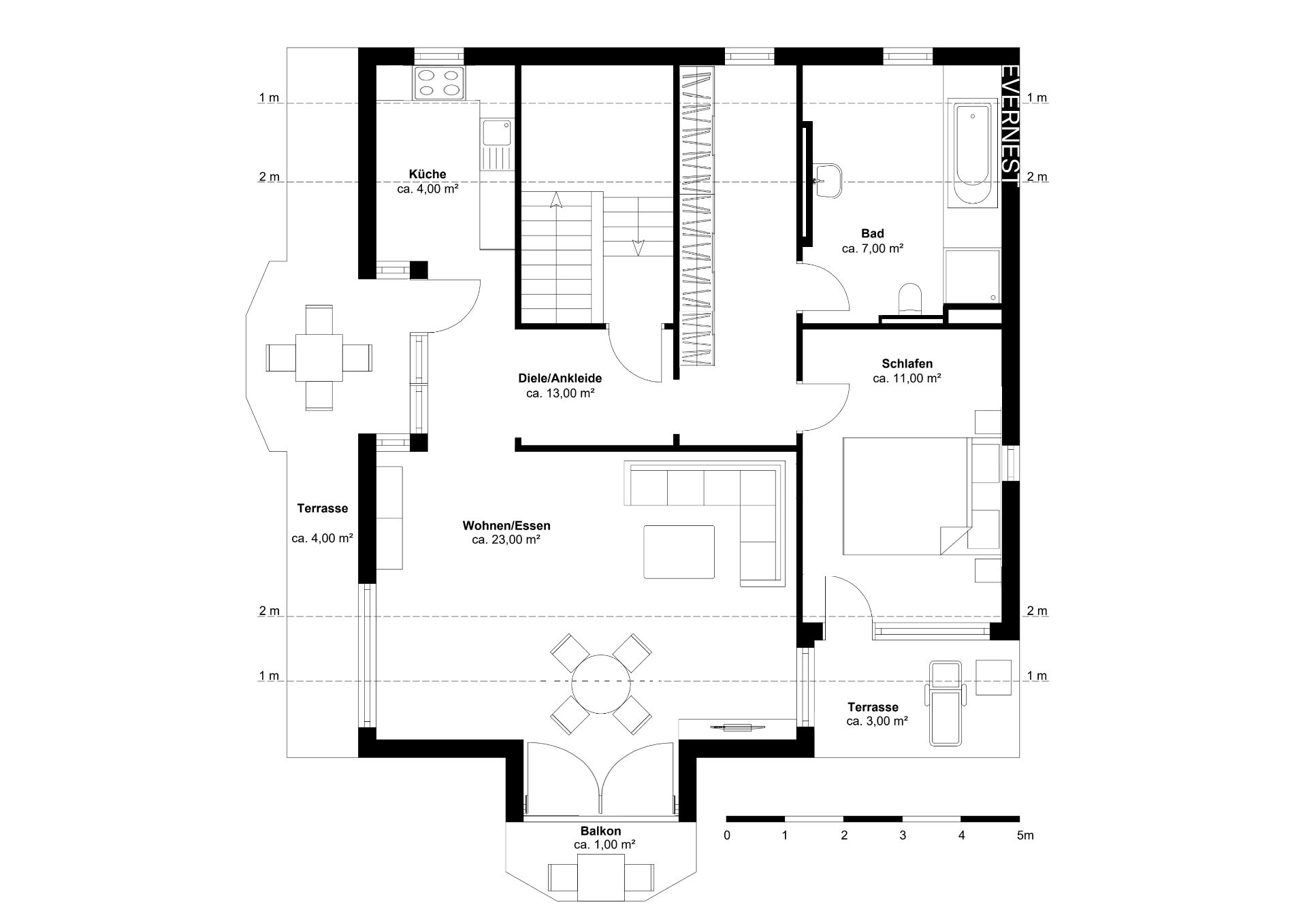 Grundriss einer Wohnung mit Küche, Bad, Schlafzimmer, Wohnzimmer, zwei Terrassen und Balkon.