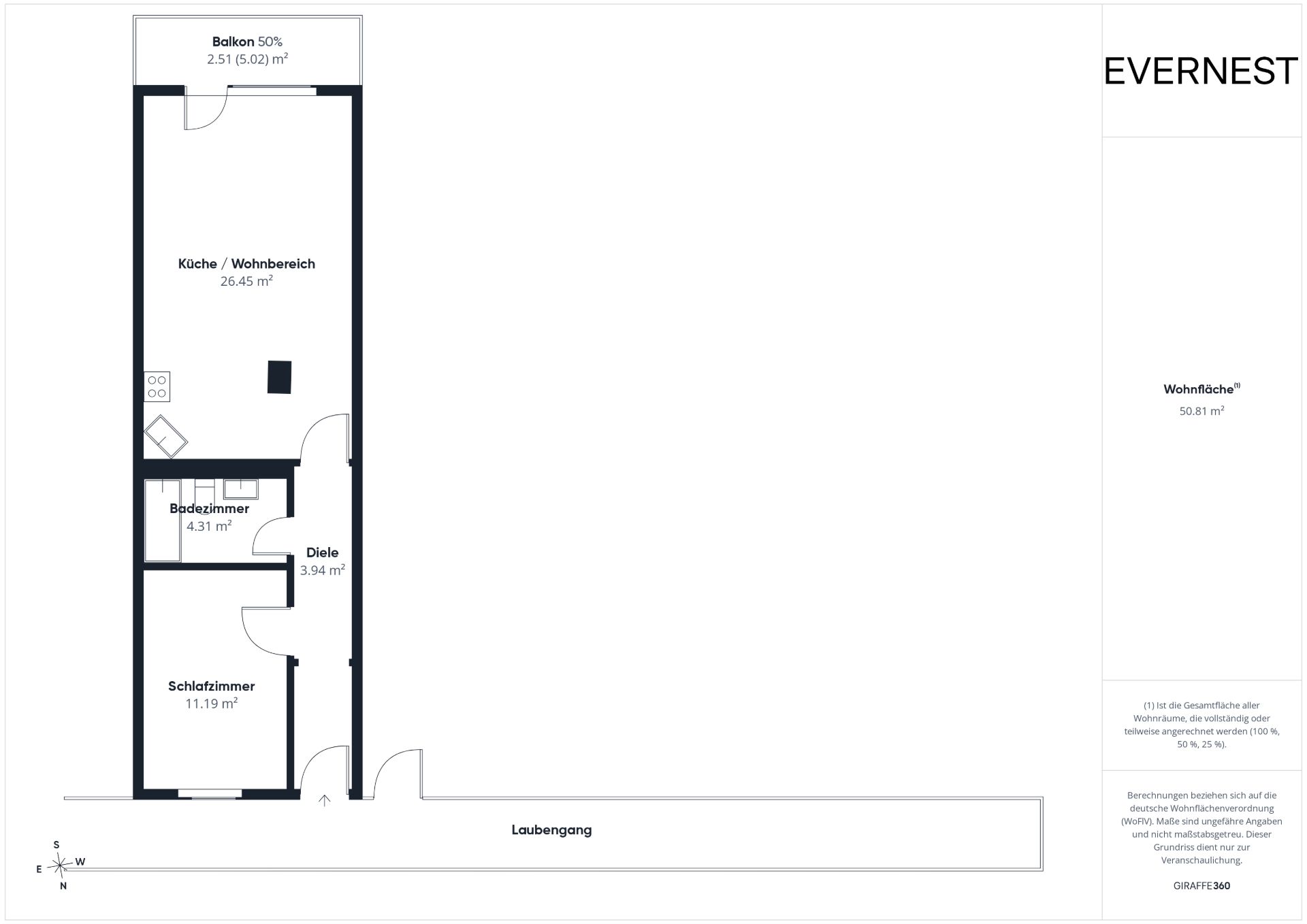 Grundriss einer Wohnung mit Schlafzimmer, Bad, Küche/Wohnbereich und Balkon.