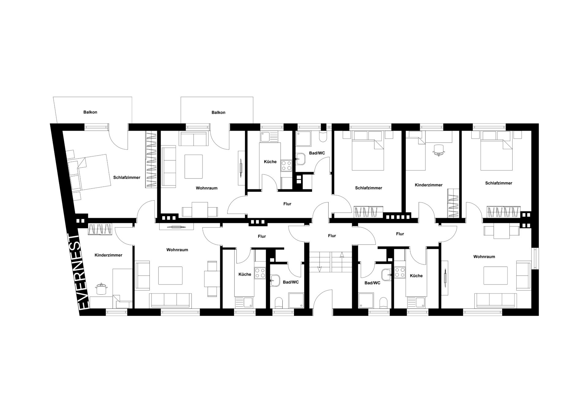 Grundriss einer Wohnung mit mehreren Schlafzimmern, Wohnräumen, Küchen, Bädern und Balkonen.