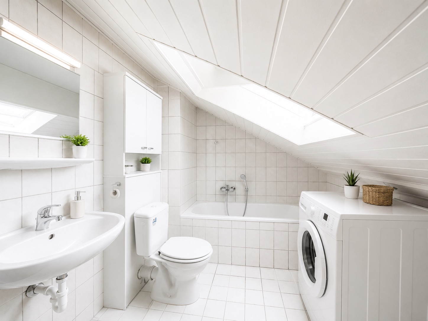 Helles Badezimmer mit Badewanne, Waschmaschine, Waschbecken und WC unter schrägem Dachfenster.