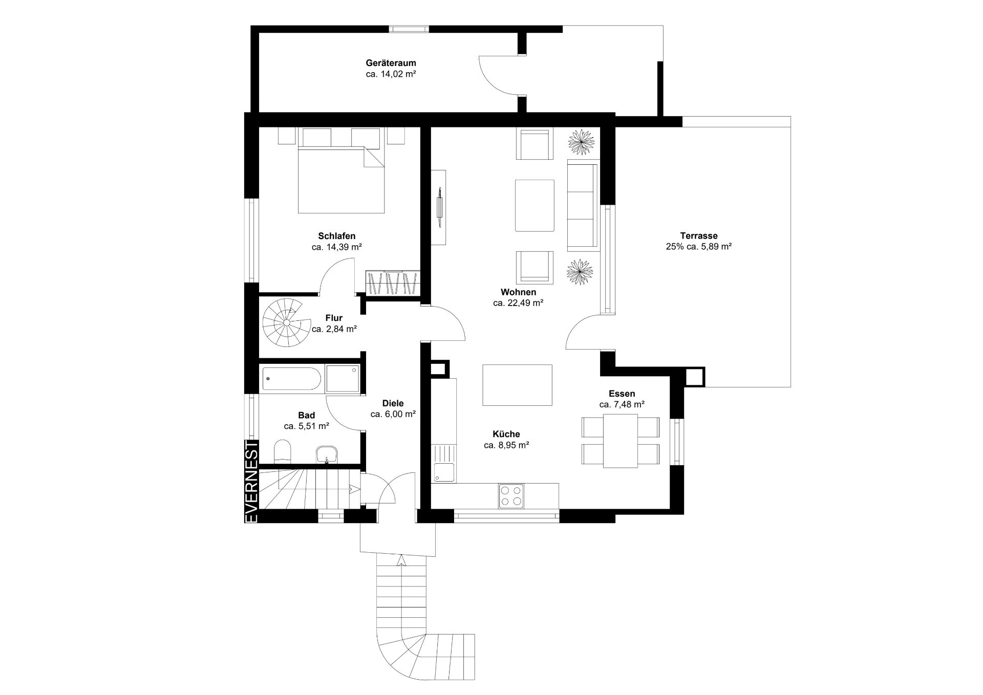 Grundriss einer Wohnung mit Schlafzimmer, Wohnzimmer, Küche, Bad, Essbereich und Terrasse.