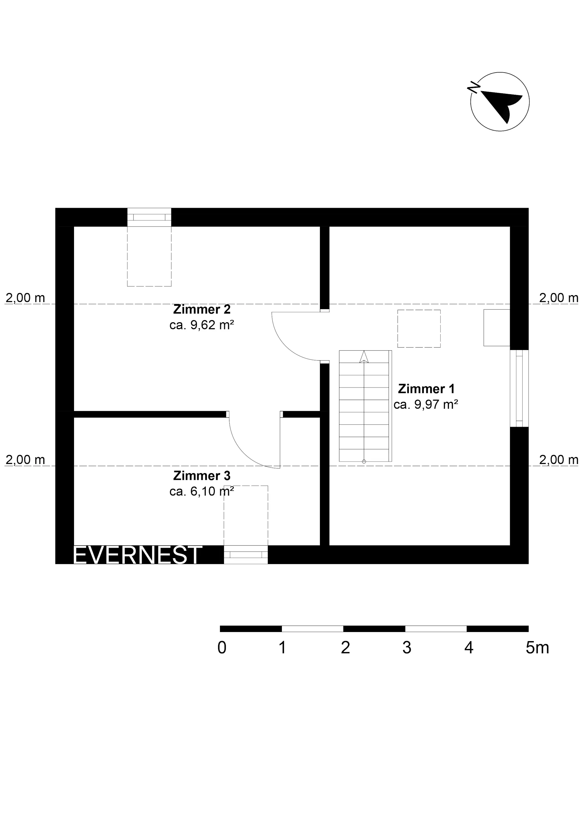 Grundriss mit drei Zimmern, Treppe und Maßstab.