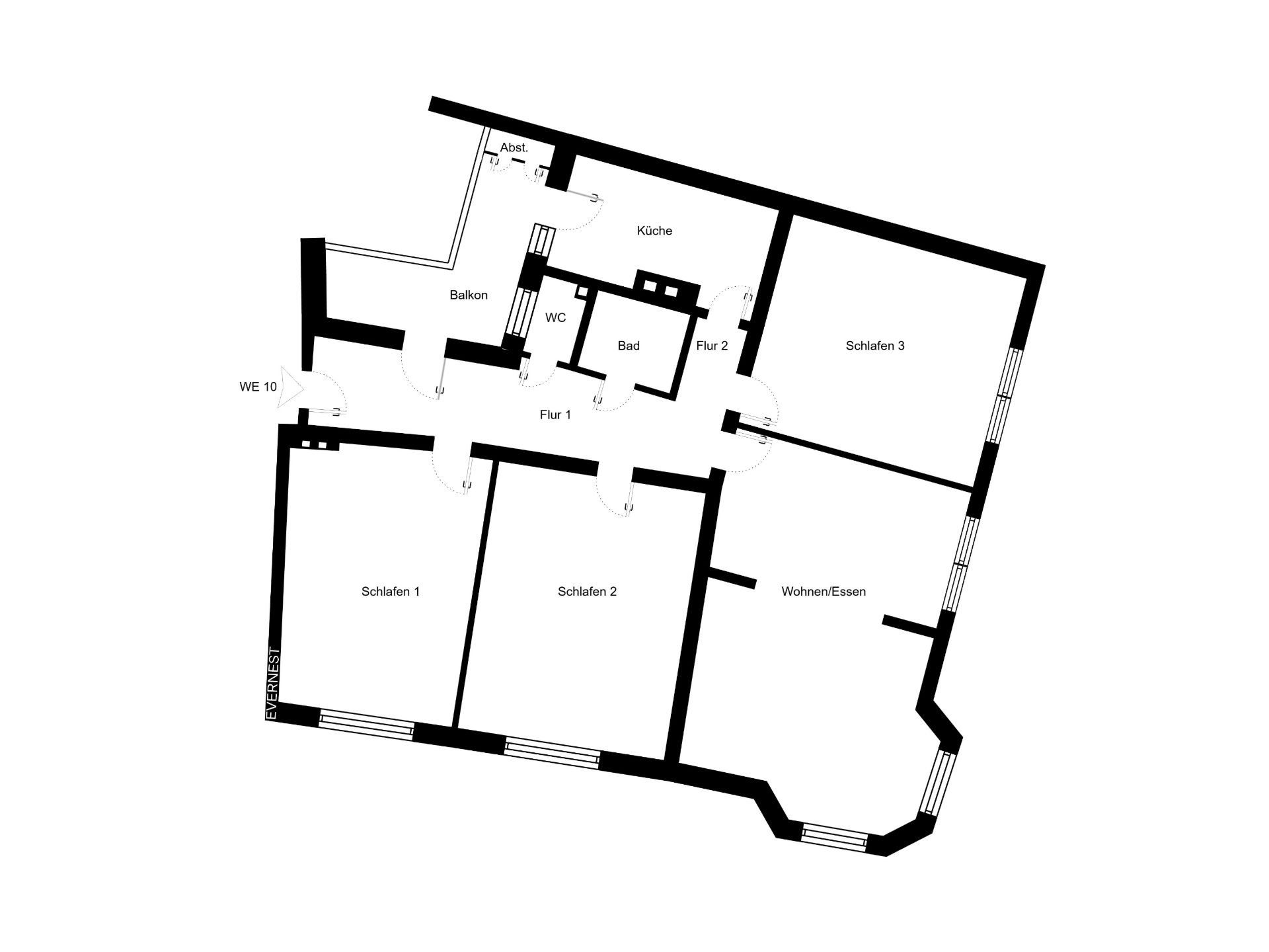 Grundriss einer Wohnung mit drei Schlafzimmern, Küche, Bad, WC, Balkon und Wohnzimmer.
