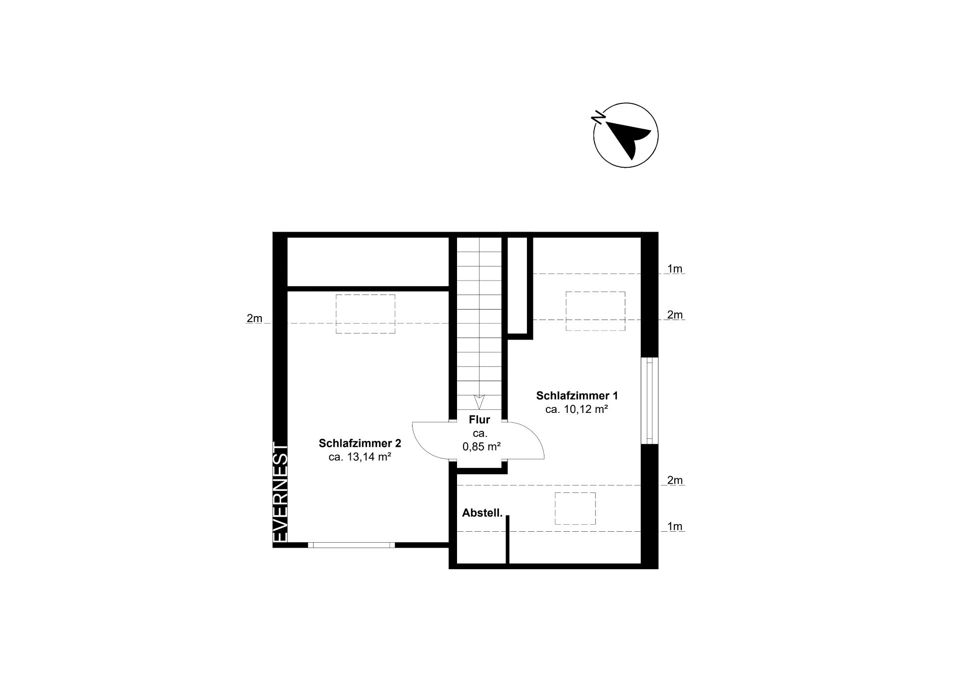 Grundriss mit zwei Schlafzimmern, Flur, Abstellraum und Treppe.