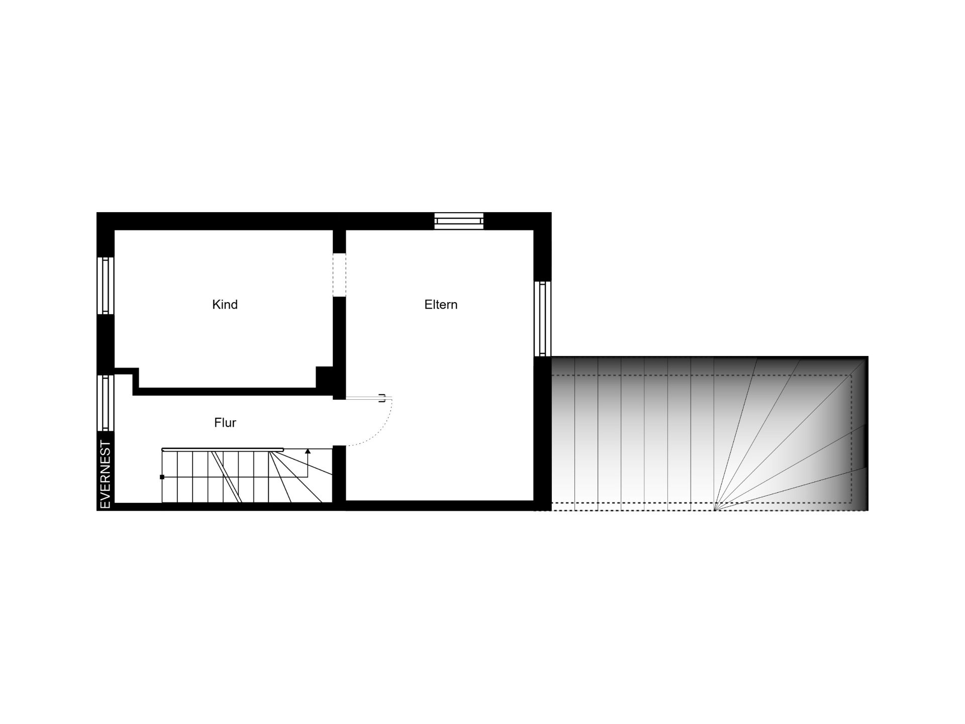 Grundriss mit Flur, Elternschlafzimmer, Kinderzimmer und Treppe sichtbar.