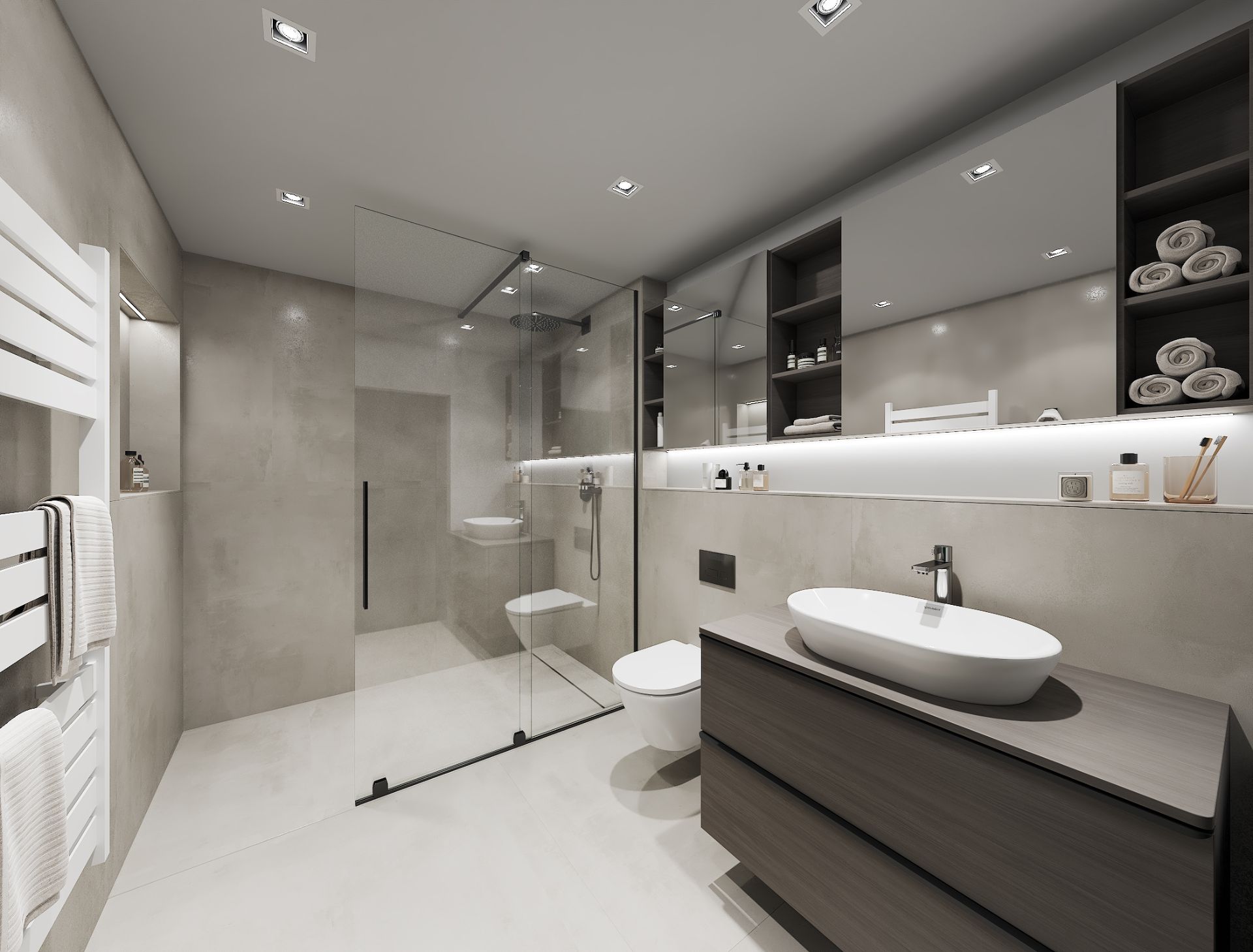 Modernes Badezimmer mit begehbarer Dusche, Waschtisch, WC und Regal mit Handtüchern.