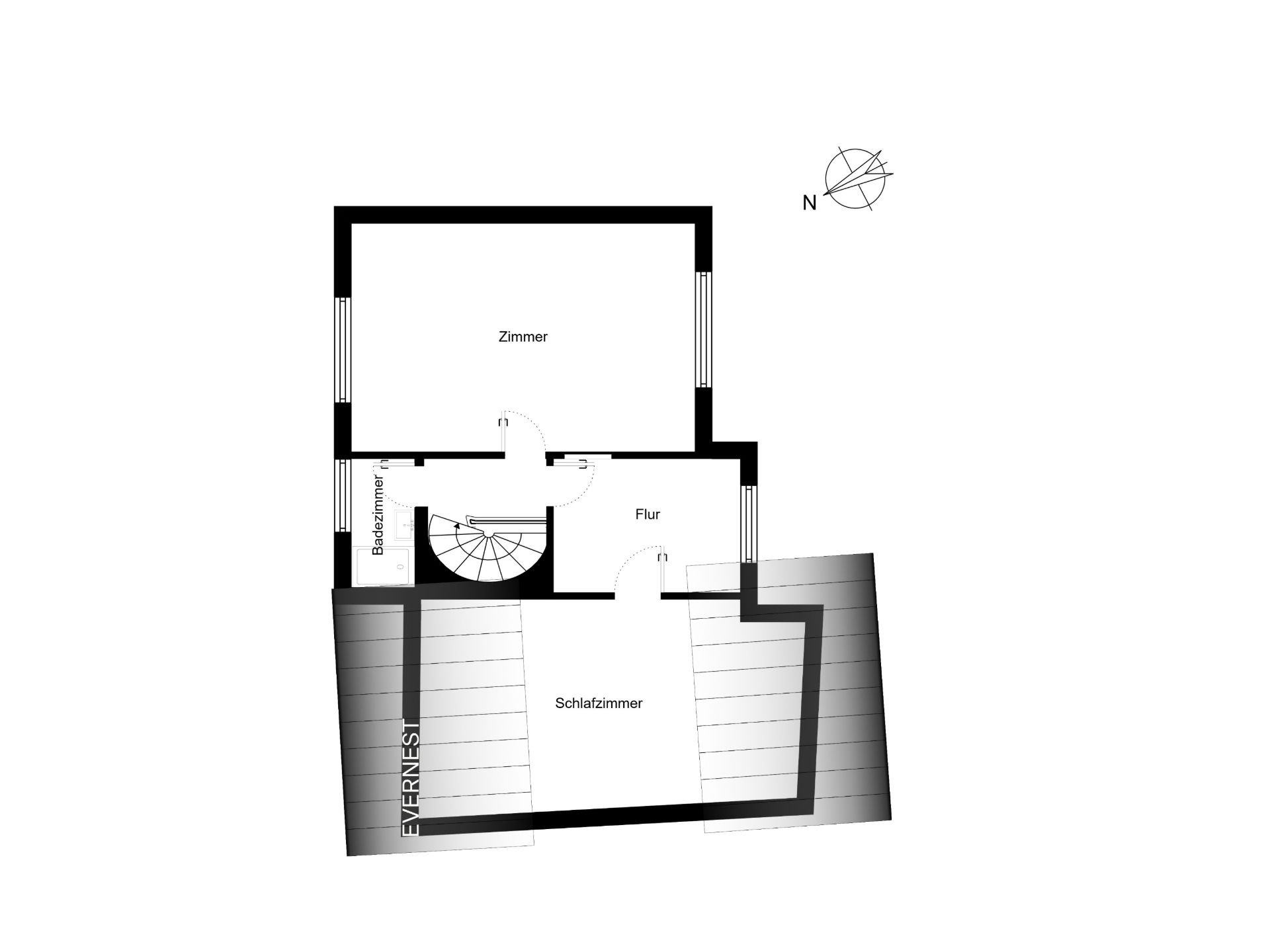 Grundriss mit Zimmer, Schlafzimmer, Bad und Flur. Treppe in der Mitte.