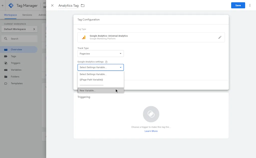 Google analytics tag creation side bar